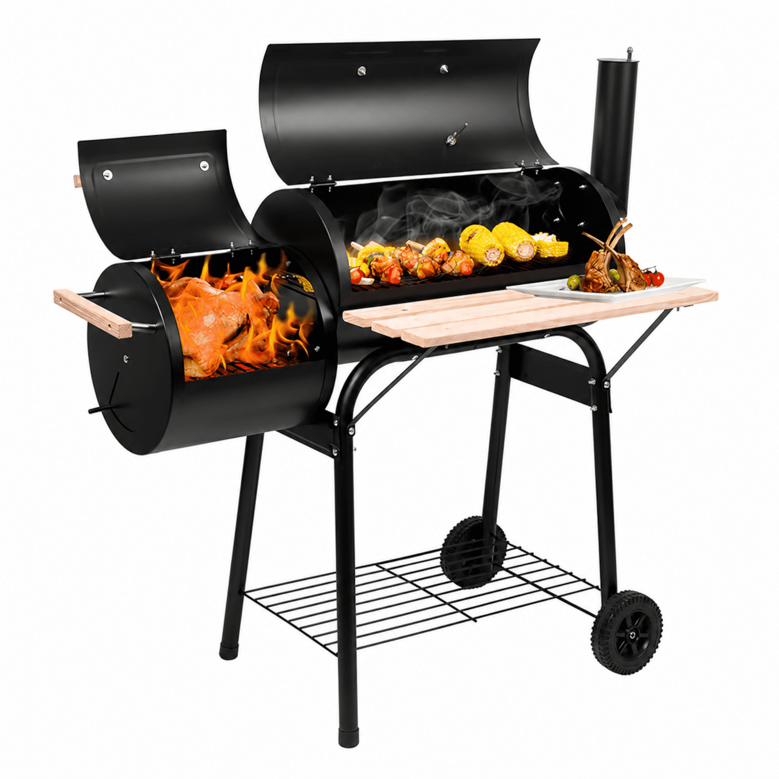 Alvantor Offset Charcoal Grill with Side Smoker, Built-In Thermometer, Wooden Front Shelves, Bottom Storage Rack and Wheels, Black