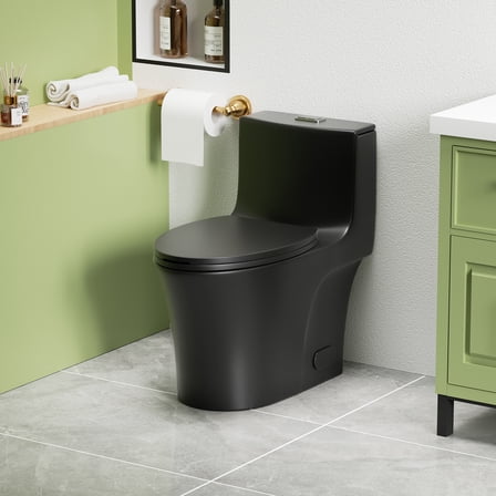 Alvantor One-Piece Toilet, 1.1/1.6 GPF Powerful Dual Flush Elongated Toilet, Button on Tank top, Soft Closing Seat Black
