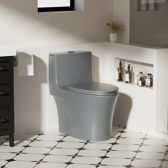 Alvantor One-Piece Toilet, 1.1/1.6 GPF Powerful Dual Flush Elongated Toilet, Button on Tank top, Soft Closing Seat Gray