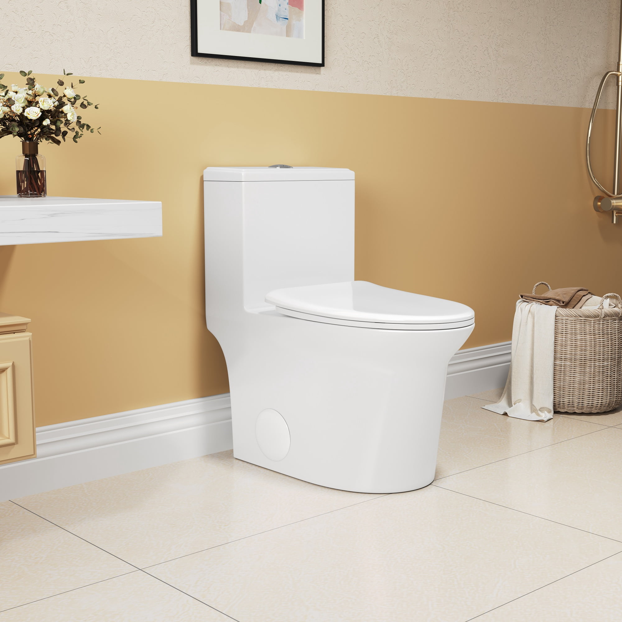 Alvantor One-Piece Toilet 15.5"Height Ceramic Elongated Floor Mounted 1.1/1.6 GPF Toilet White