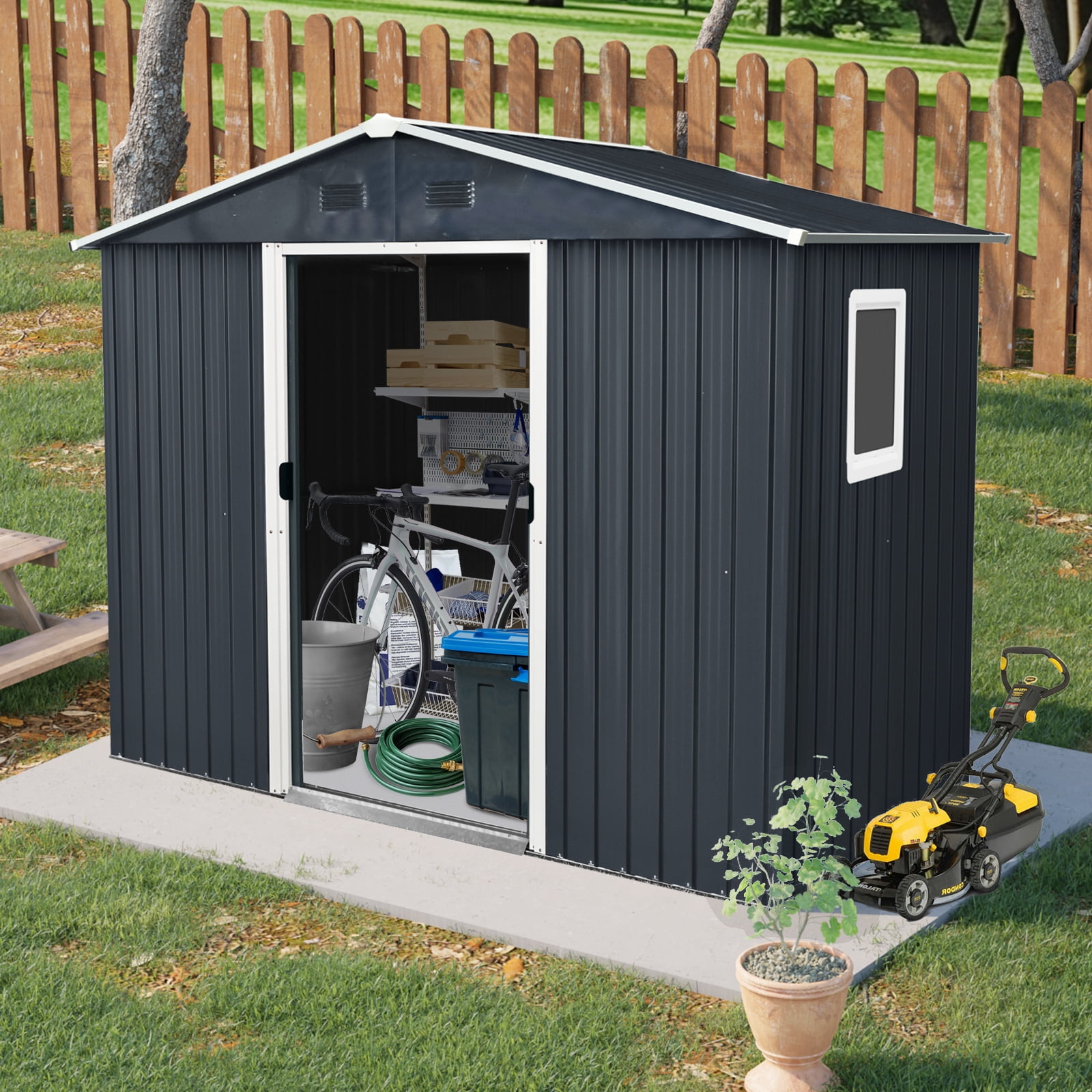 Alvantor Outdoor 8 x 4 FT Storage Shed Metal Garden Shed with Sliding Door and Window for Backyard, Garden, Black