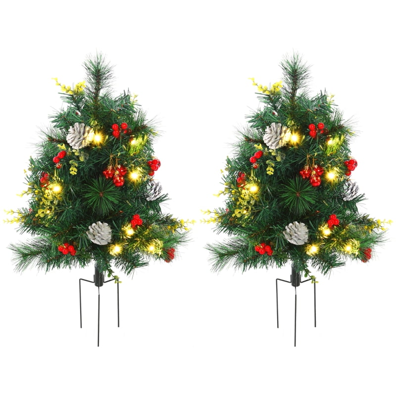 Alvantor Outdoor Christmas Trees Set of 2 Pre-Lit with 24 LED Lights & Stakes 13"x13"x24" Green