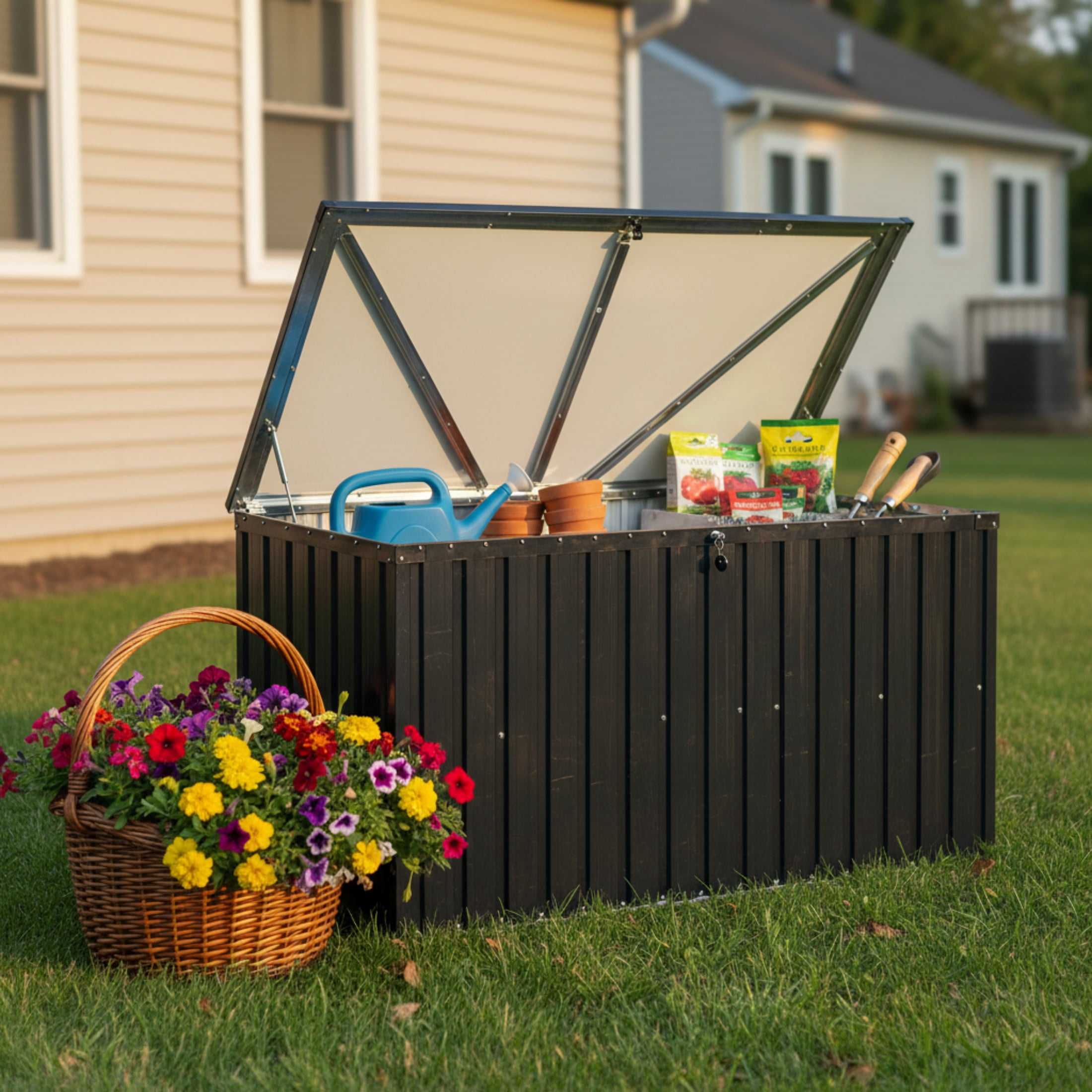 Alvantor Outdoor Storage Box Large Metal Black Deck 72"x37" 344Gal