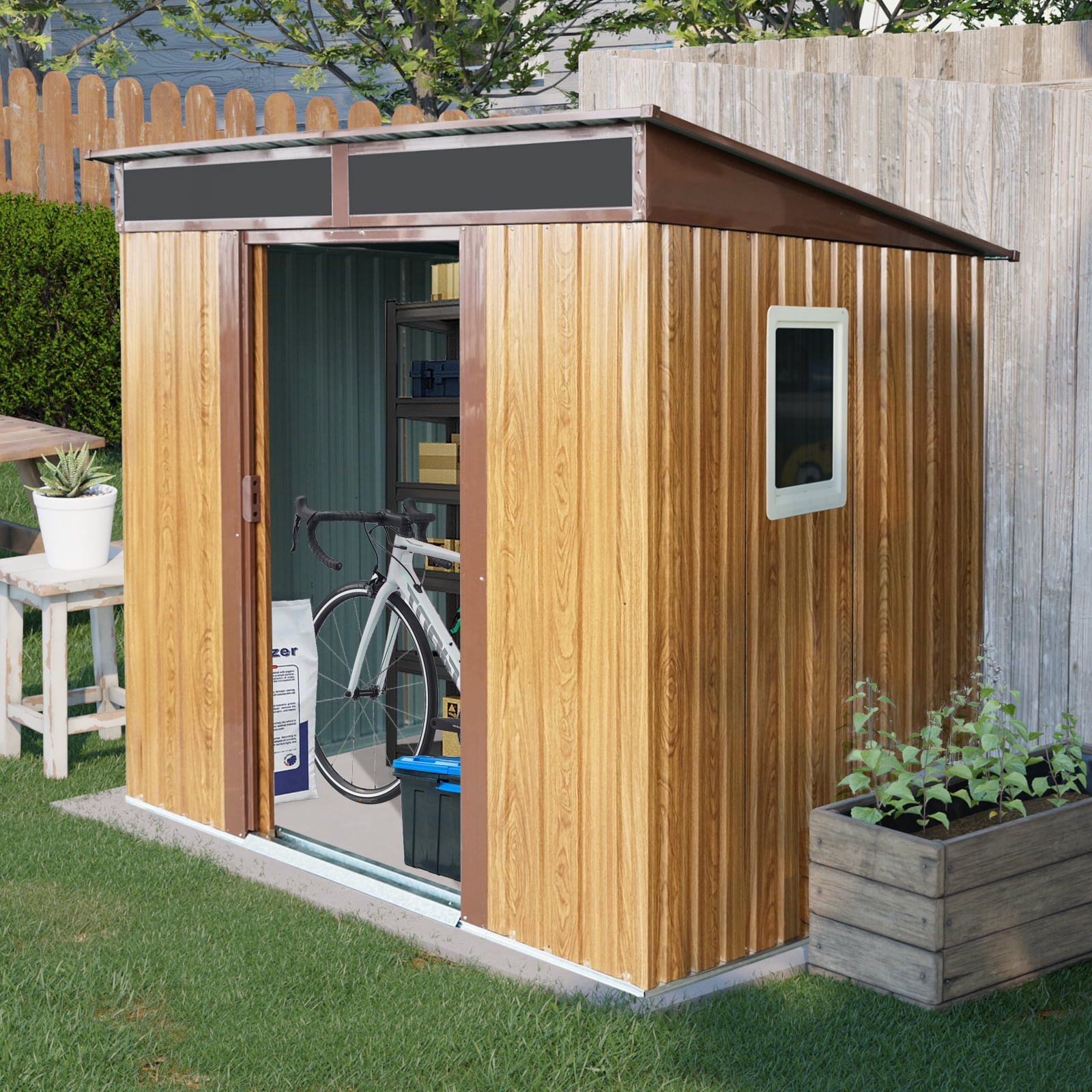 Alvantor Outdoor Storage Shed 6 x 5 Ft Metal Garden Shed with Window and Transparent plate for Backyard, Garden Coffee