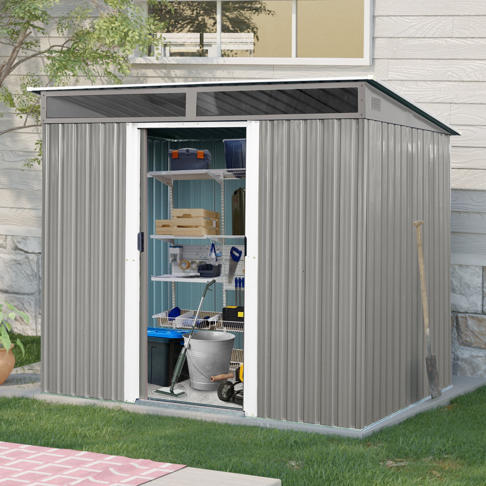 Alvantor Outdoor Storage Shed 8 x 6 Ft Metal Garden Shed with Sliding Doors and Transparent plate for Backyard, Garden Gray