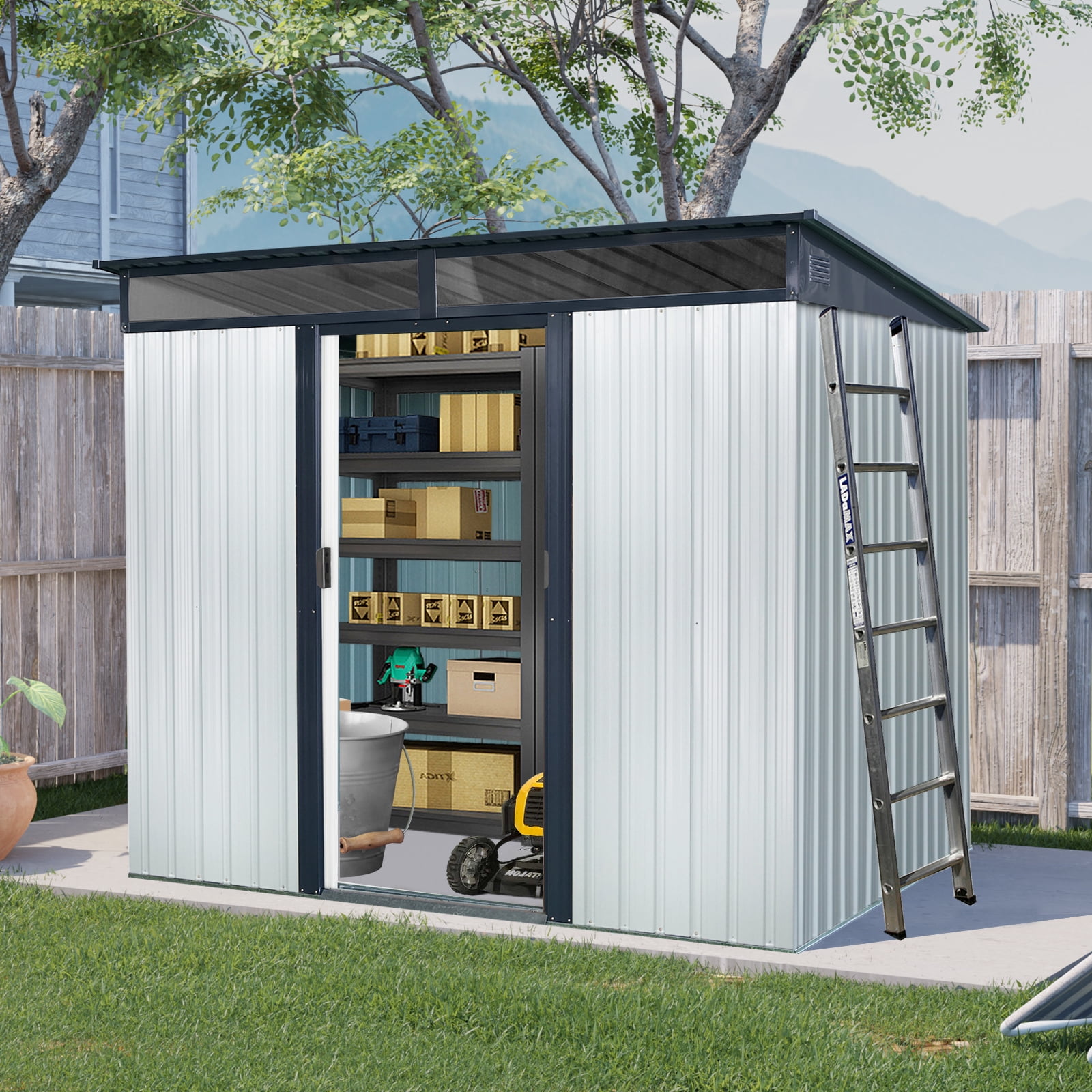 Alvantor Outdoor Storage Shed 8 x 6 Ft Metal Garden Shed with Sliding Doors and Transparent plate for Backyard, Garden White