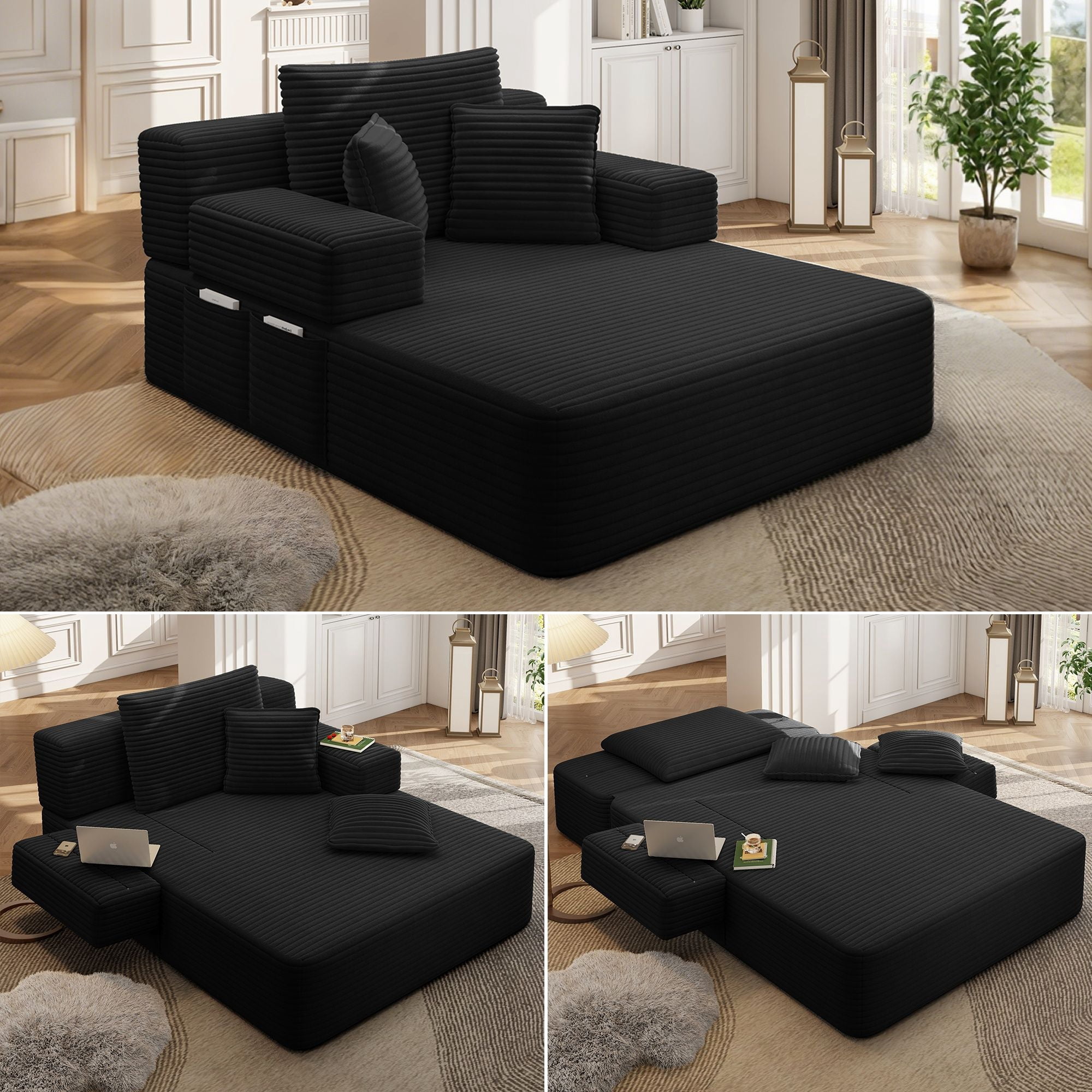 Alvantor Oversized Corduroy Convertible Chaise Lounge Sofa Bed, Black