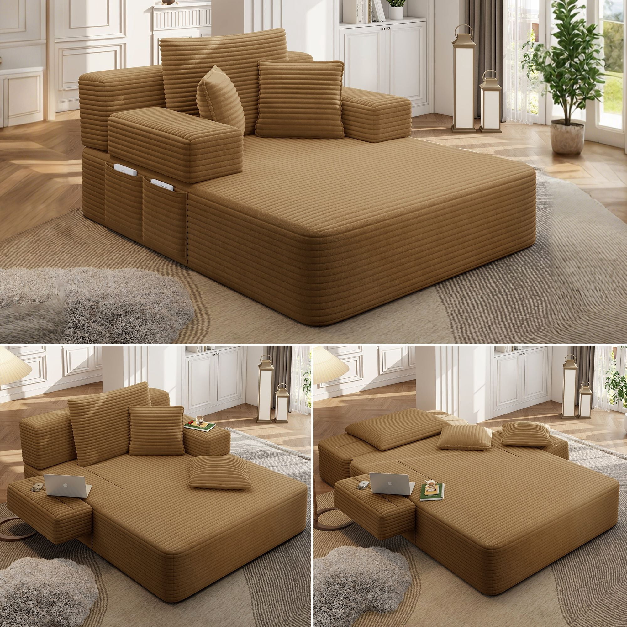 Alvantor Oversized Corduroy Convertible Chaise Lounge Sofa Bed, Camel