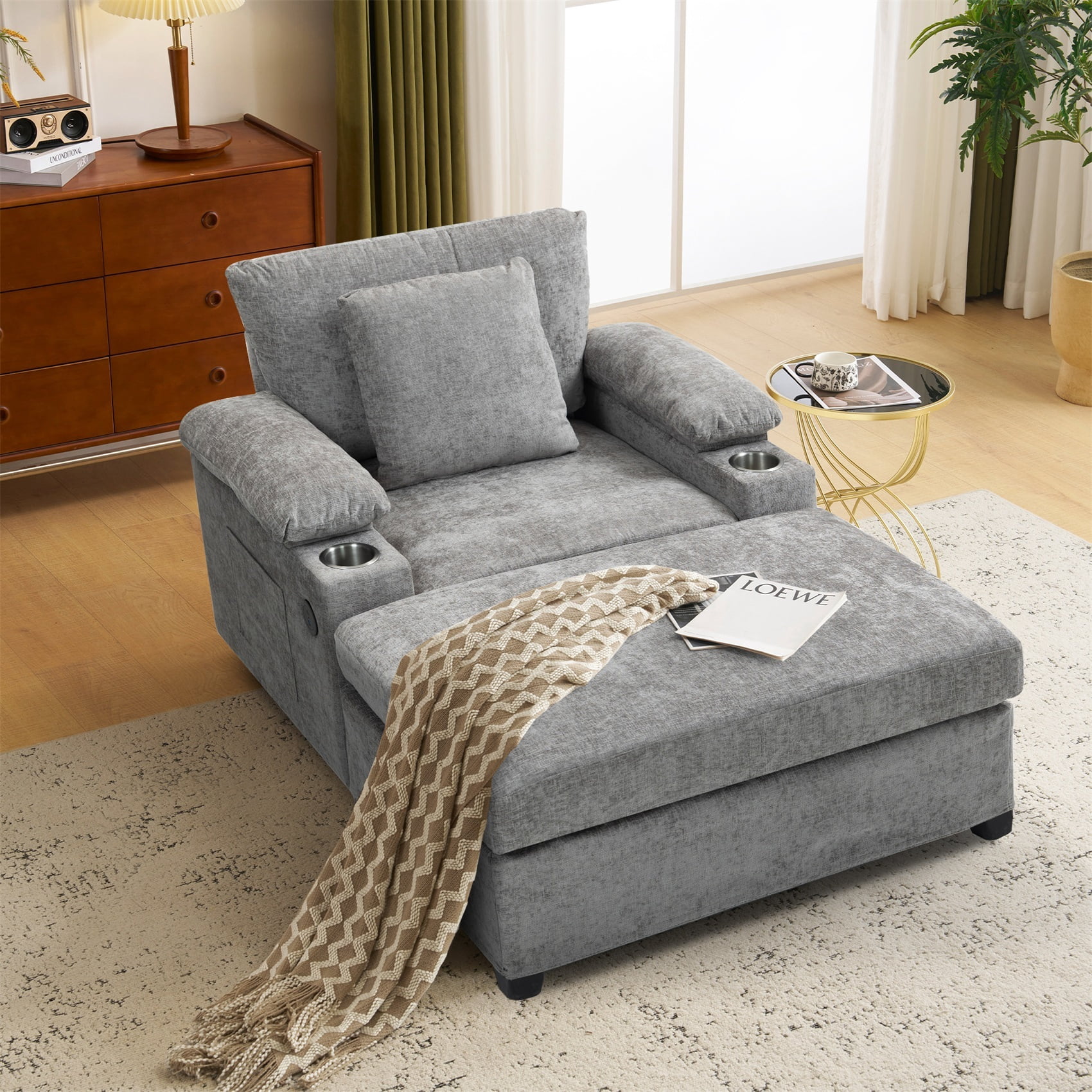 Alvantor Oversized Lounge Chair with Ottoman, Chenille Accent Armchair with Cupholders & USB Charging for Living Room Grey