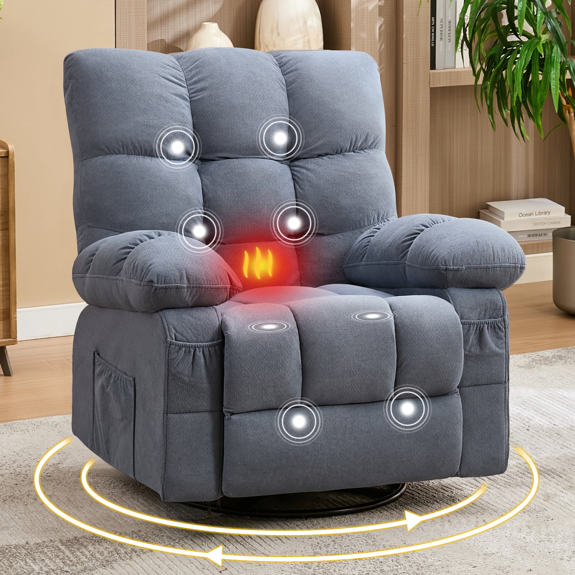 Alvantor Oversized Swivel Rocker Recliner Chair with Massage & Heat Function for Adults, Elderly Single Rocker Sofa with Cup Holders for Bedroom Home Theater Blue