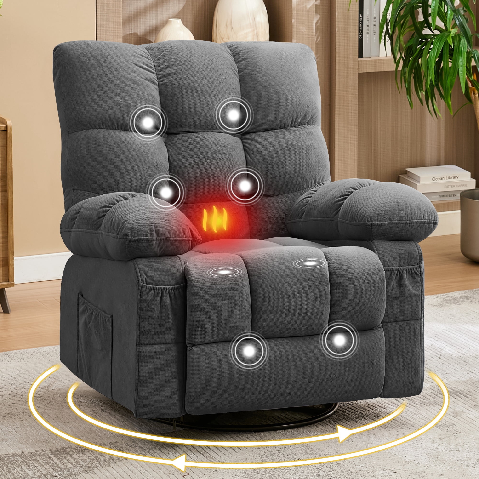 Alvantor Oversized Swivel Rocker Recliner Chair with Massage & Heat Function for Adults, Elderly Single Rocker Sofa with Cup Holders for Bedroom Home Theater Gray