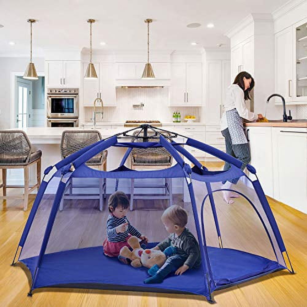Navy Blue Foldable Pop-Up Playpen with Mesh Canopy
