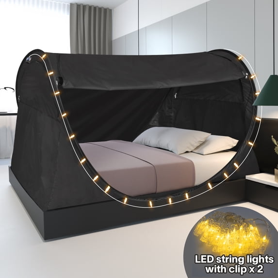 Alvantor Pop Up Bed Tent with LED String Light, Instant Privacy Canopy Full Charcoal, Polyester Fabric