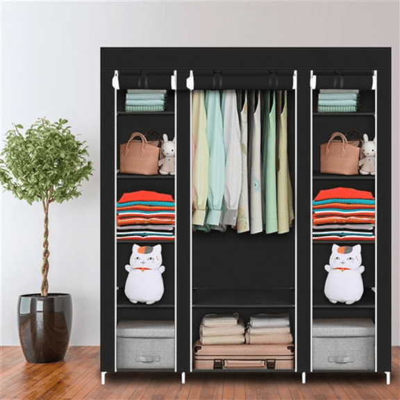 Alvantor Portable Closet Wardrobe 12-shelf Fabric Clothes Storage Organizer with Zippered Dustproof Cover Hanging Rod 58 x 17 x 69 in Black