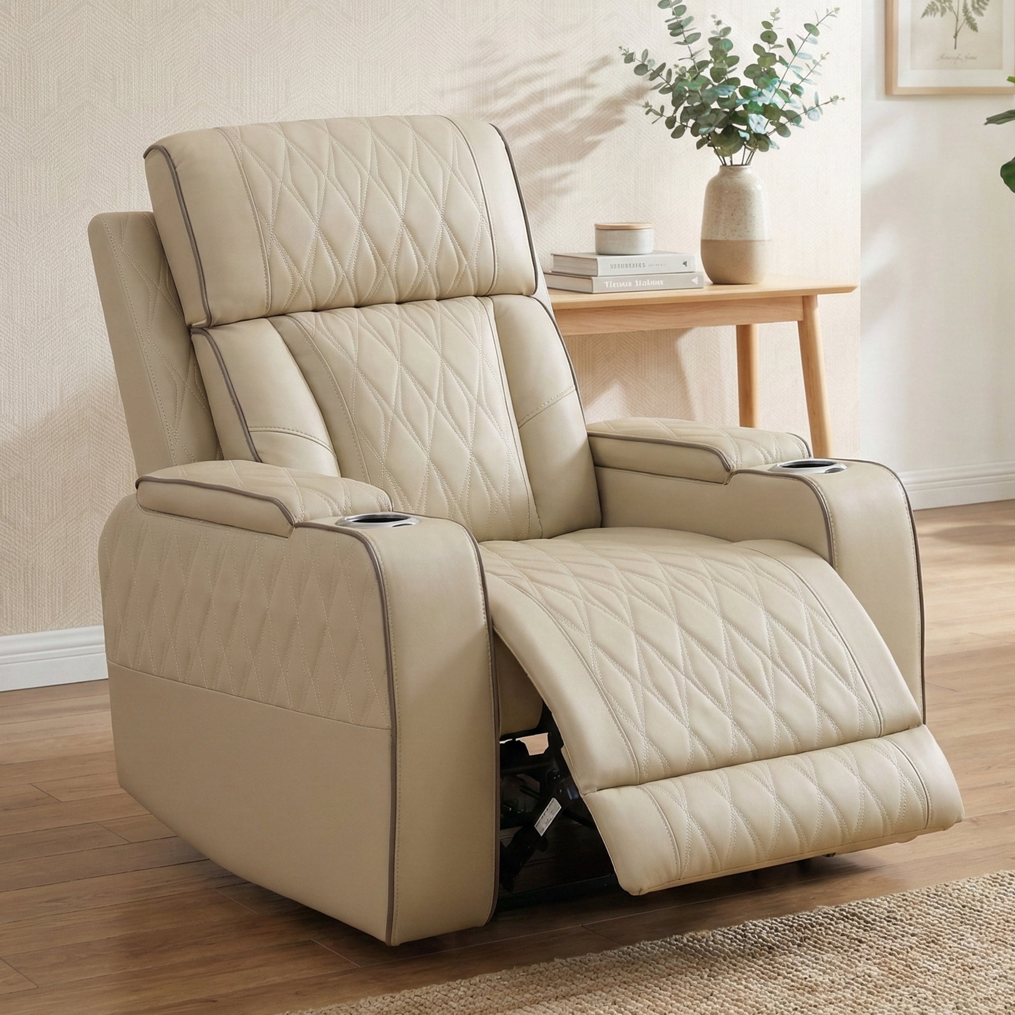 Alvantor Power Electric Recliner Chair with USB Ports and Cup Holders Leather Single Sofa for Living Room Beige