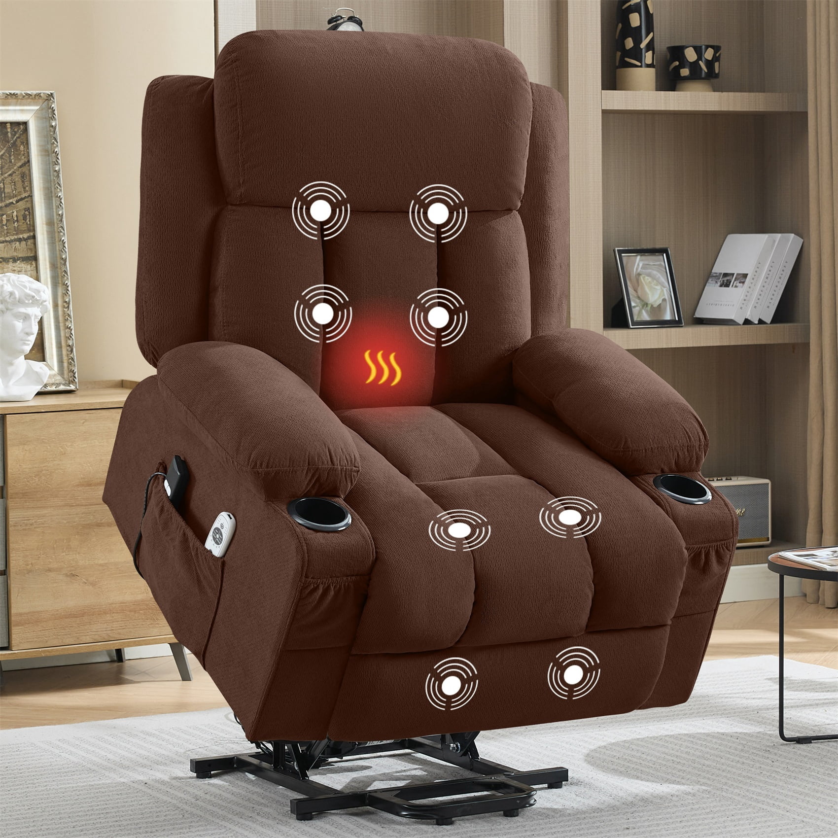 Alvantor Power Lift Recliner Chair for Elderly with Heat and Massage Single Sofa with Ergonomic, Side Pocket, Two Cup Holders for Living Room Brown