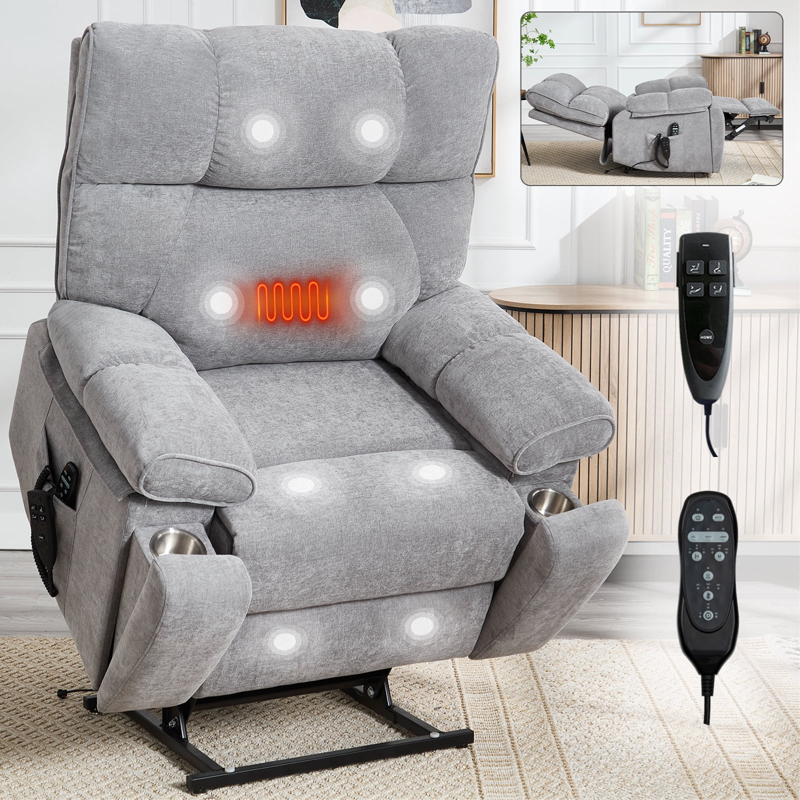 Alvantor Power Lift Recliner Chair for Elderly with Massage and Heat, Dual Motor Recliners Chair with Cup Holders, Medium-firm Gray