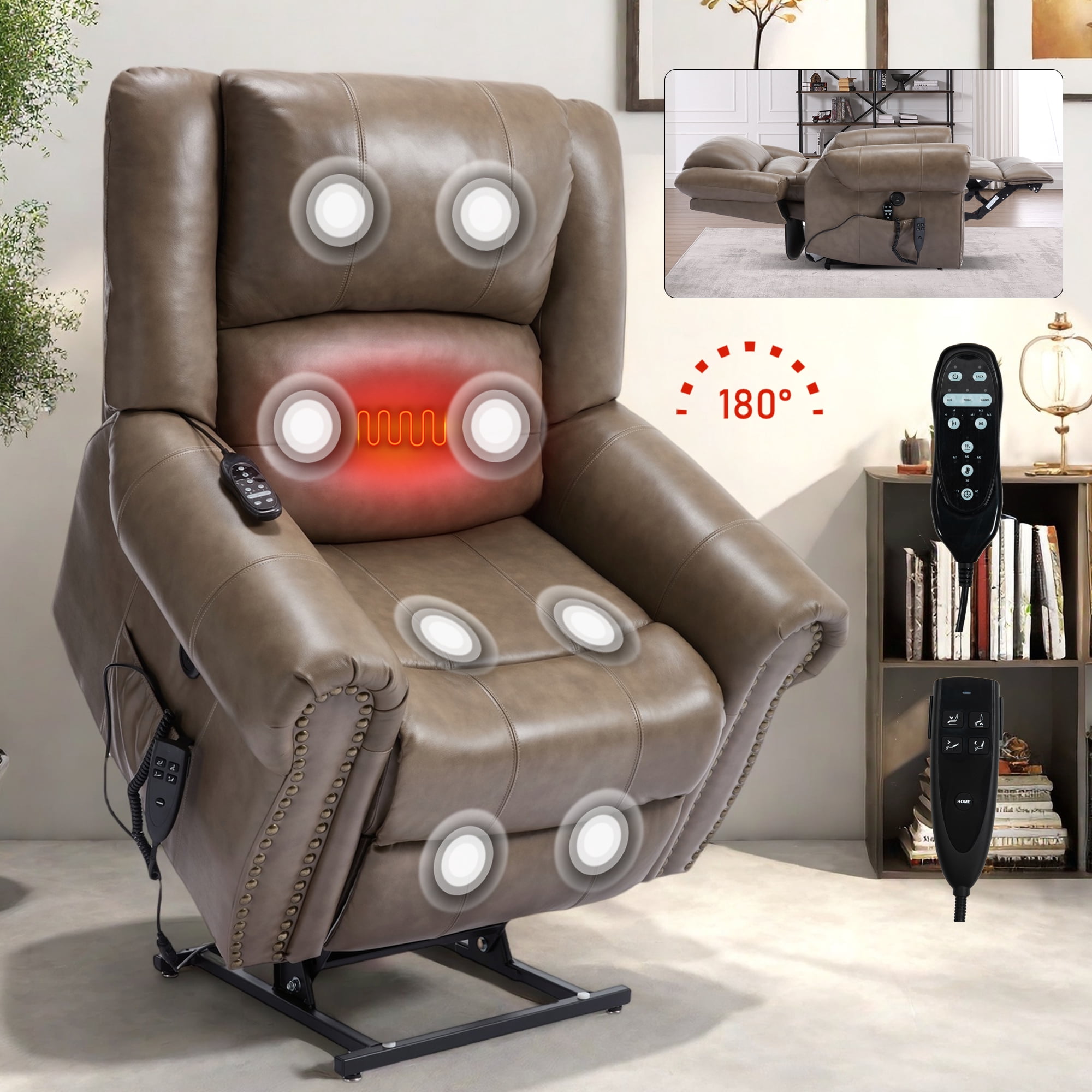 Alvantor Power Lift Recliner Chair for Elderly with Massage and Heat, Leather Lift Recliners Chair with USB Ports Brown
