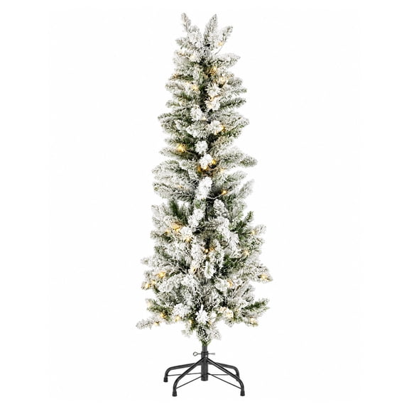 Alvantor Pre-Lit Flocked Pencil Christmas Tree with 8 Modes, White, 6FT