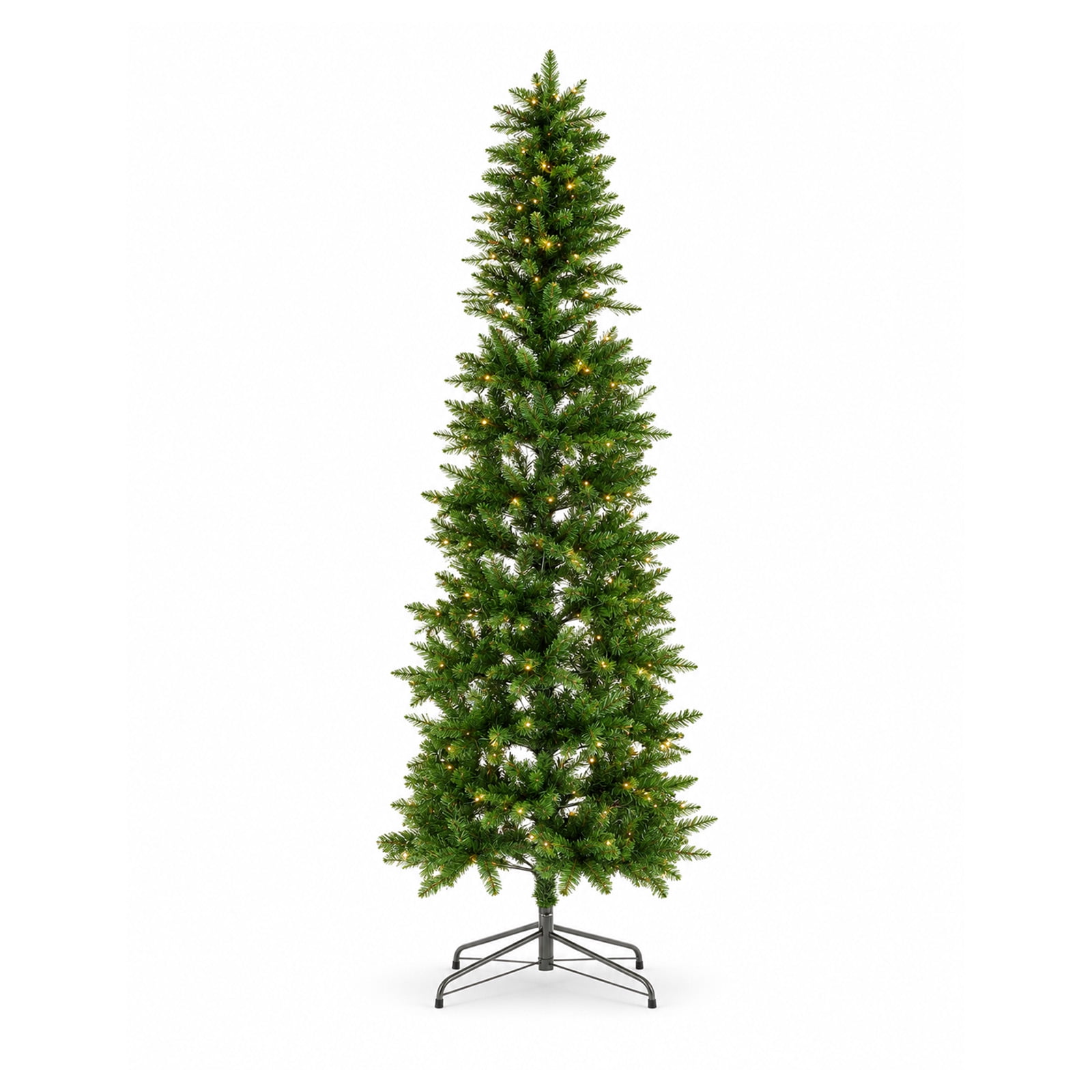 Alvantor Prelit Pencil Christmas Tree, 350 Warm White LEDs, Metal Stand, Small Spaces, Green 7.5FT