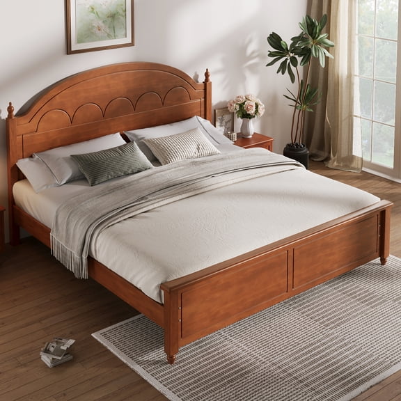 Alvantor Queen Bed Frame, Wooden Bed with Arched Headboard Classic Design, Oak