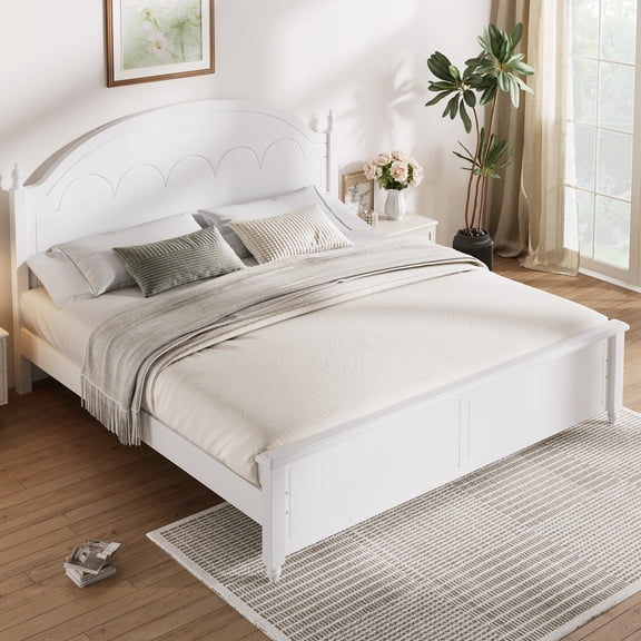Alvantor Queen Bed Frame, Wooden Bed with Arched Headboard Classic Design, White