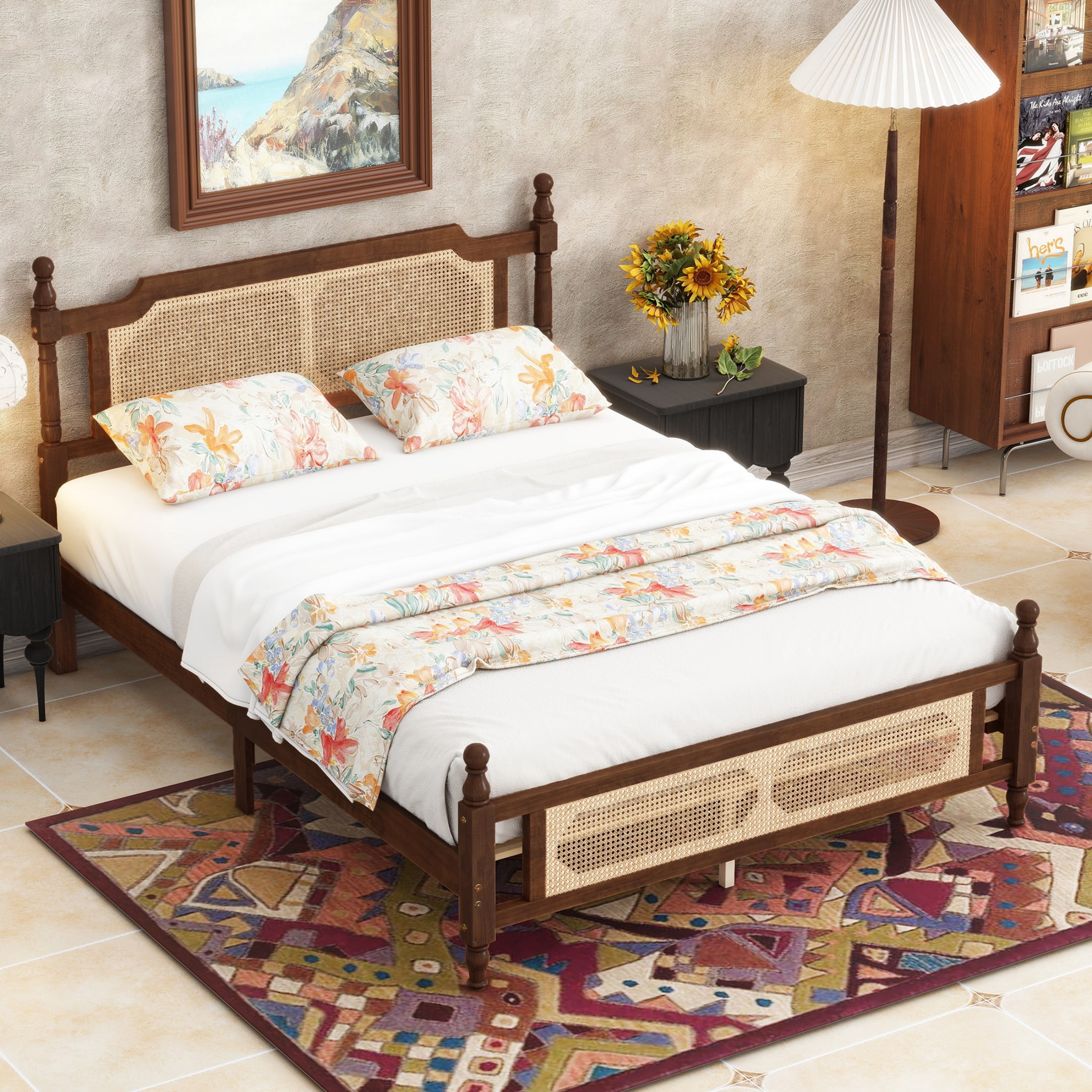 Alvantor Queen Size Bed Frame, Wood Rattan Bed with Rattan Headboard and Footboard, Walnut