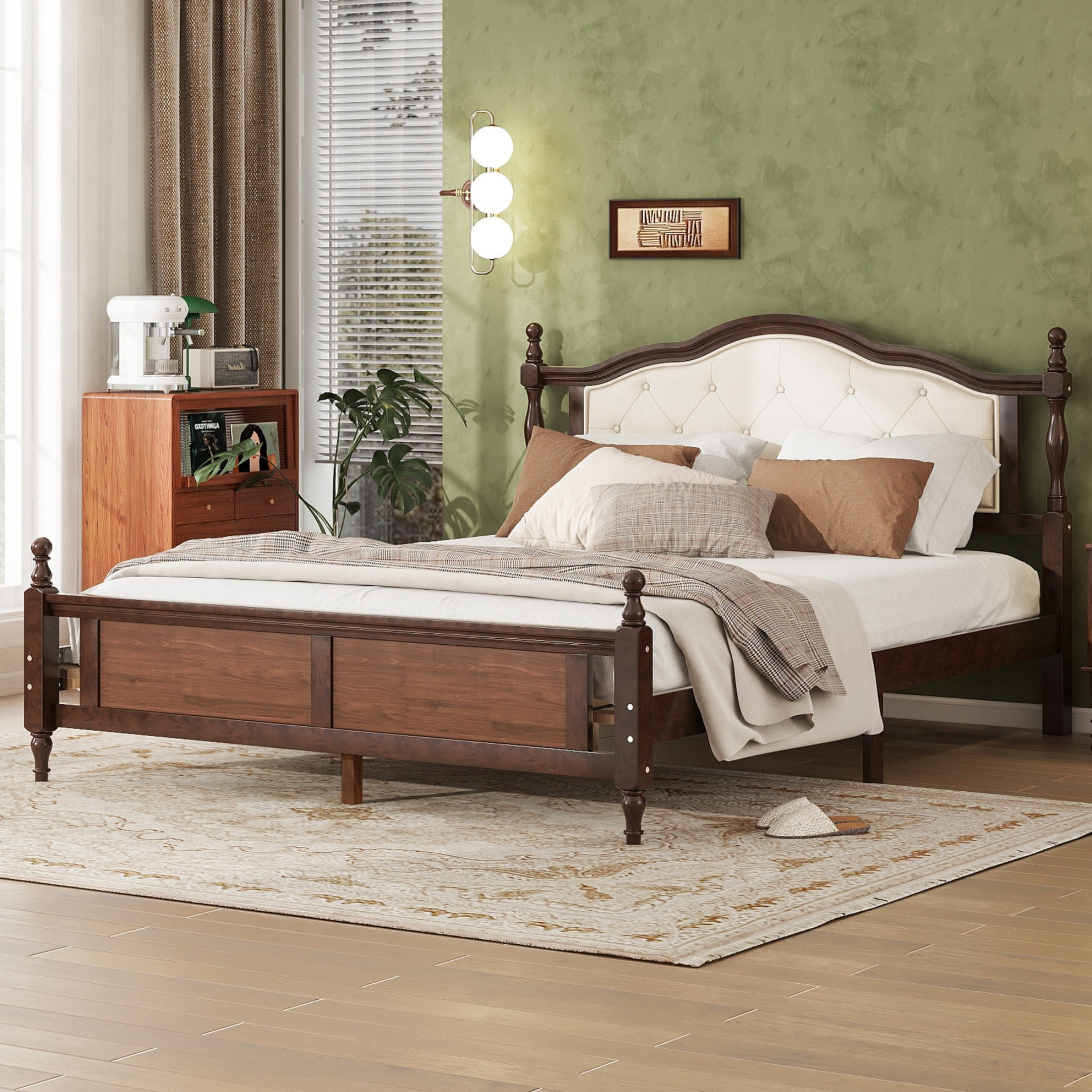 Alvantor Queen Size Bed Frame with Upholstered Headboard & Panel Footboard in Pine Wood, Walnut