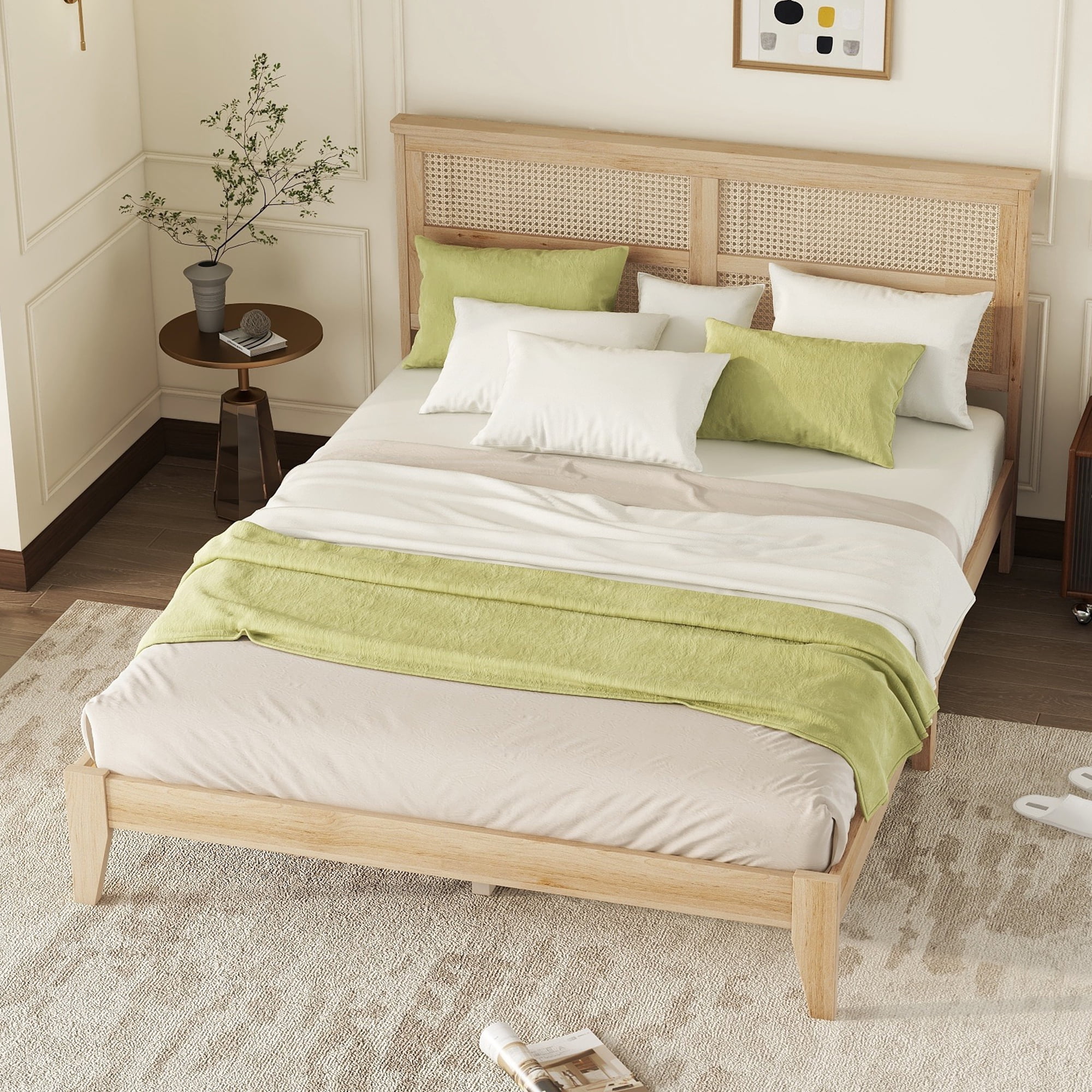 Alvantor Queen Size Bed for Adults, Wood Bed Frame with Rattan Headboard and Underbed Storage, Natural