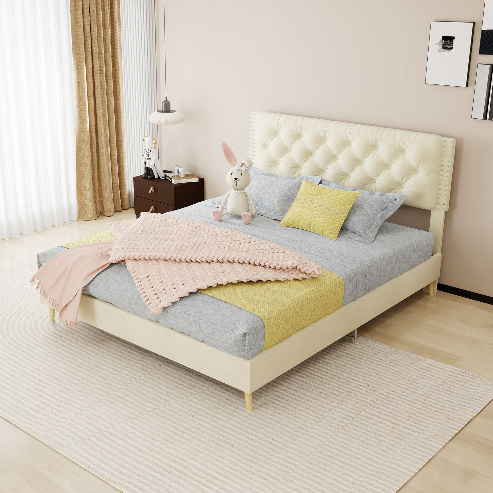 Alvantor Queen Size Upholstered Bed Frame with Padded Headboard, Holland Velvet Tufted Beige