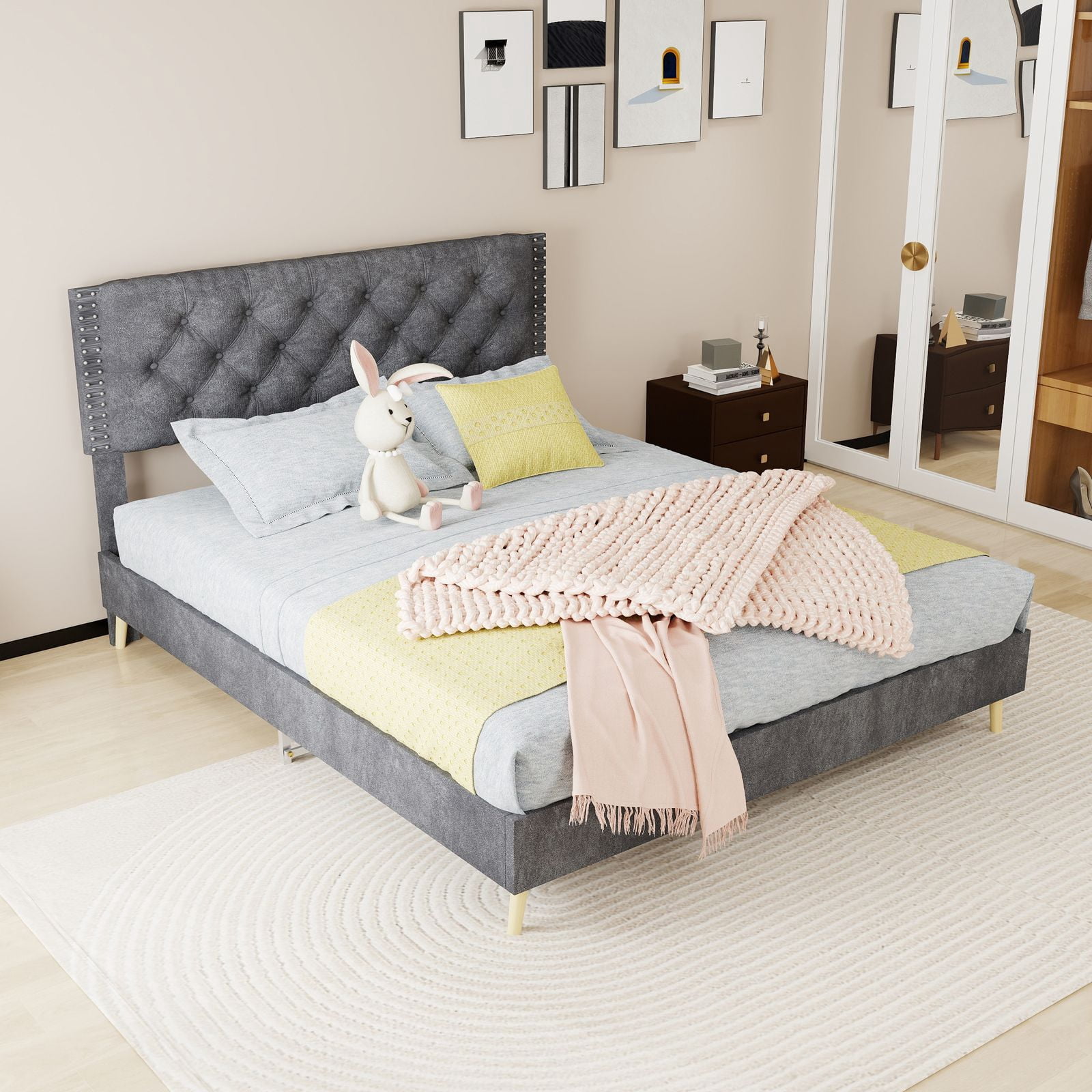 Alvantor Queen Size Upholstered Bed Frame with Padded Headboard, Holland Velvet Tufted Gray