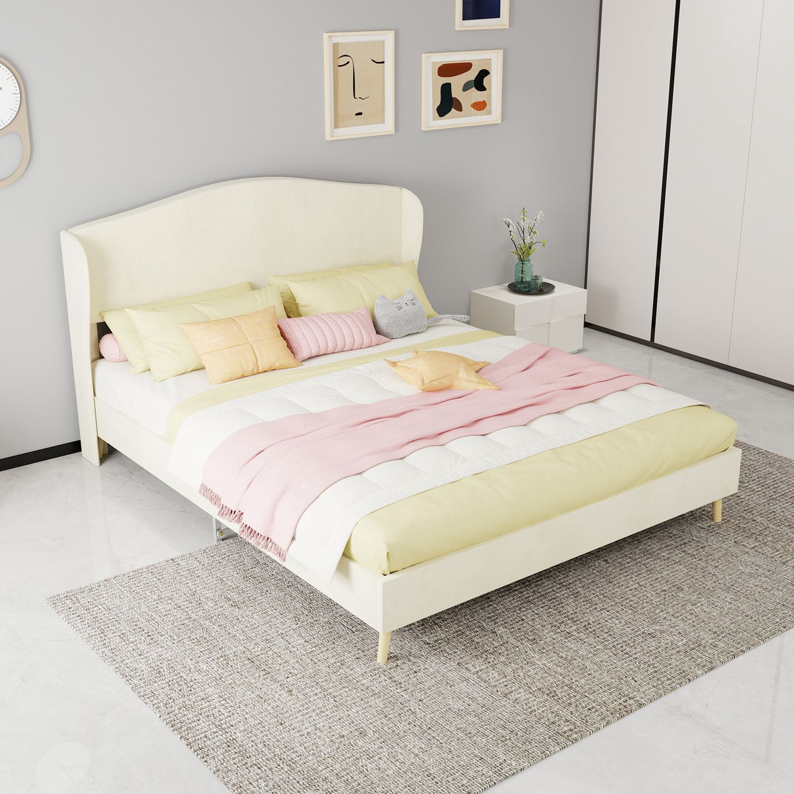 Alvantor Queen Size Upholstered Bed Frame with Padded Headboard, Holland Velvet Tufted Noise-Free & Durable Beige