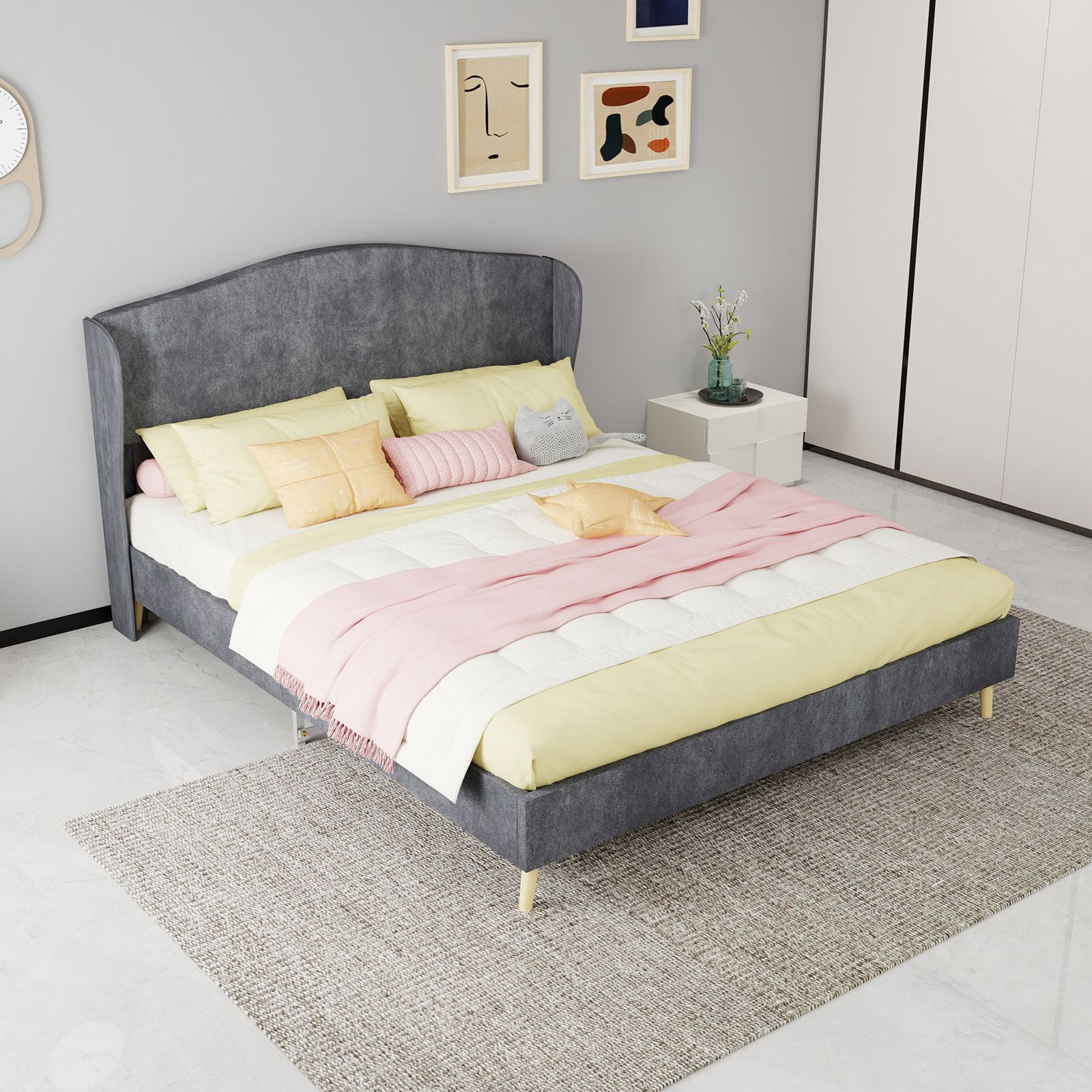 Alvantor Queen Size Upholstered Bed Frame with Padded Headboard, Holland Velvet Tufted Noise-Free & Durable Gray