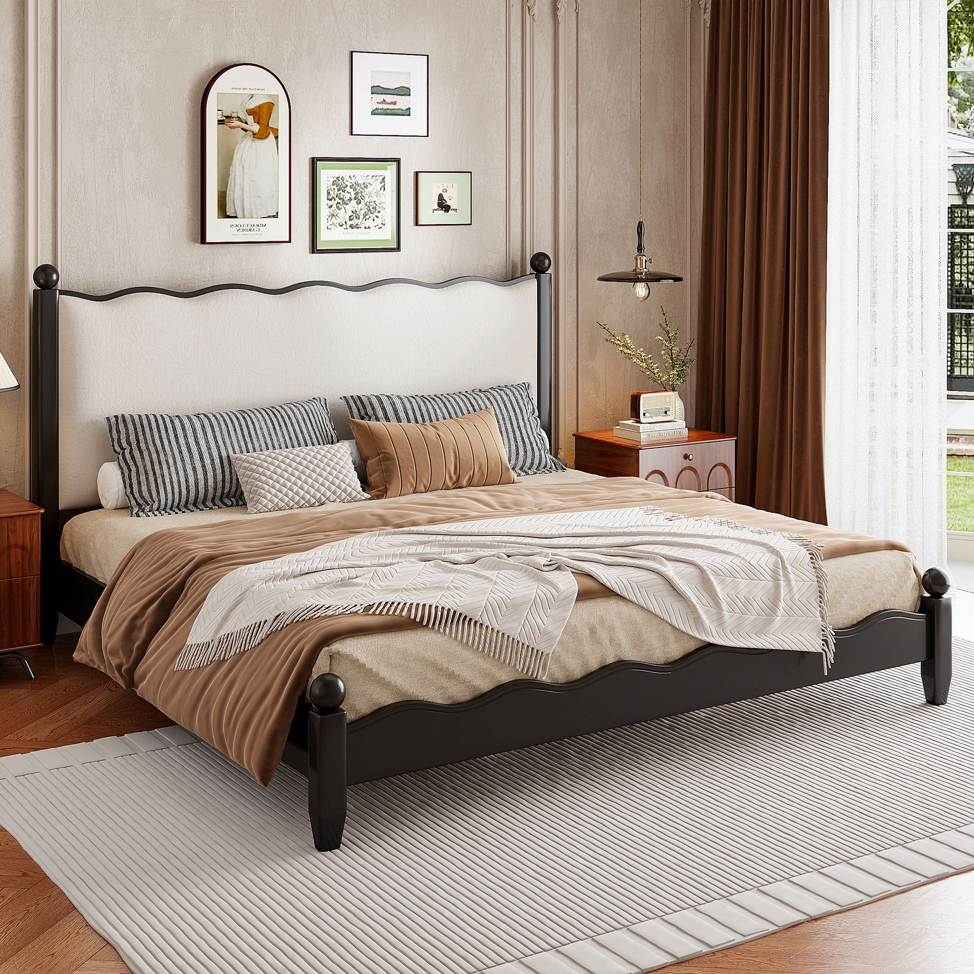 Alvantor Queen Size Wood Platform Bed with Upholstered Headboard, Solid Slat Support, Black + Beige