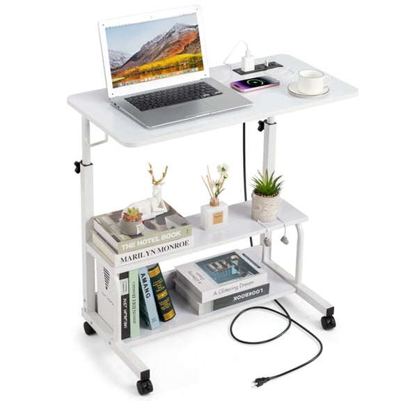 Alvantor Rolling Desk Adjustable Computer Desk with USB Ports and Outlets White
