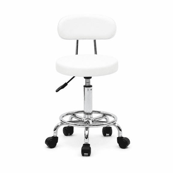 Alvantor Adjustable Height Salon Stool with Backrest and Rolling Wheels, White