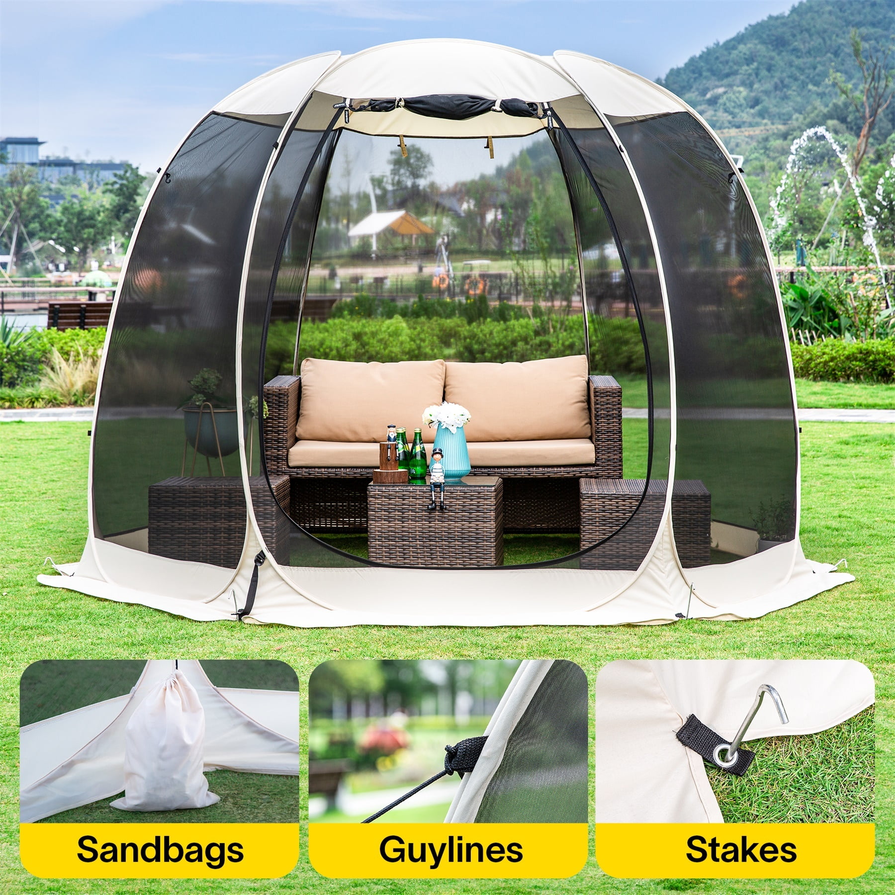 Beige 10' x 10' Pop Up Screen House with Aluminum Frame