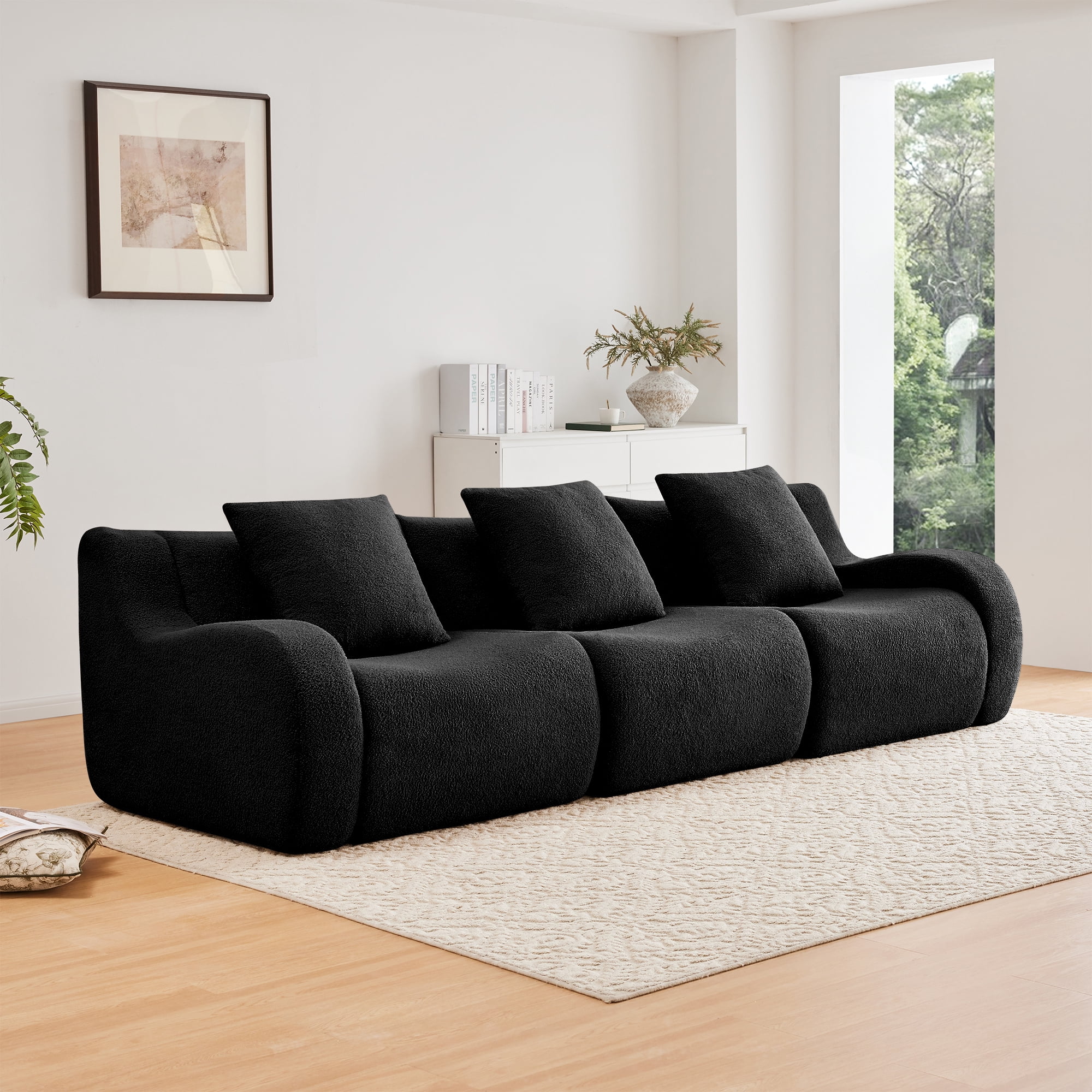Alvantor Sectional Sofa 115" W 3-Seater Teddy Boneless Couch Modern Deep Seat Cloud Sofa for Living Room Black