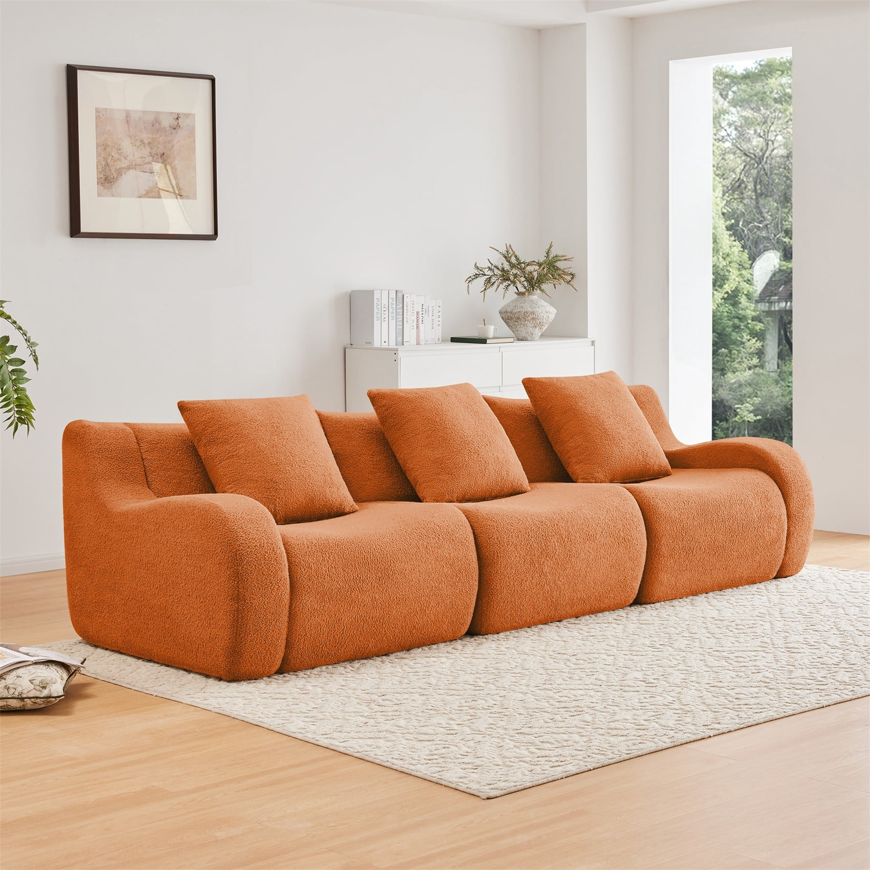 Alvantor Sectional Sofa 115" W 3-Seater Teddy Boneless Couch Modern Deep Seat Cloud Sofa for Living Room Orange