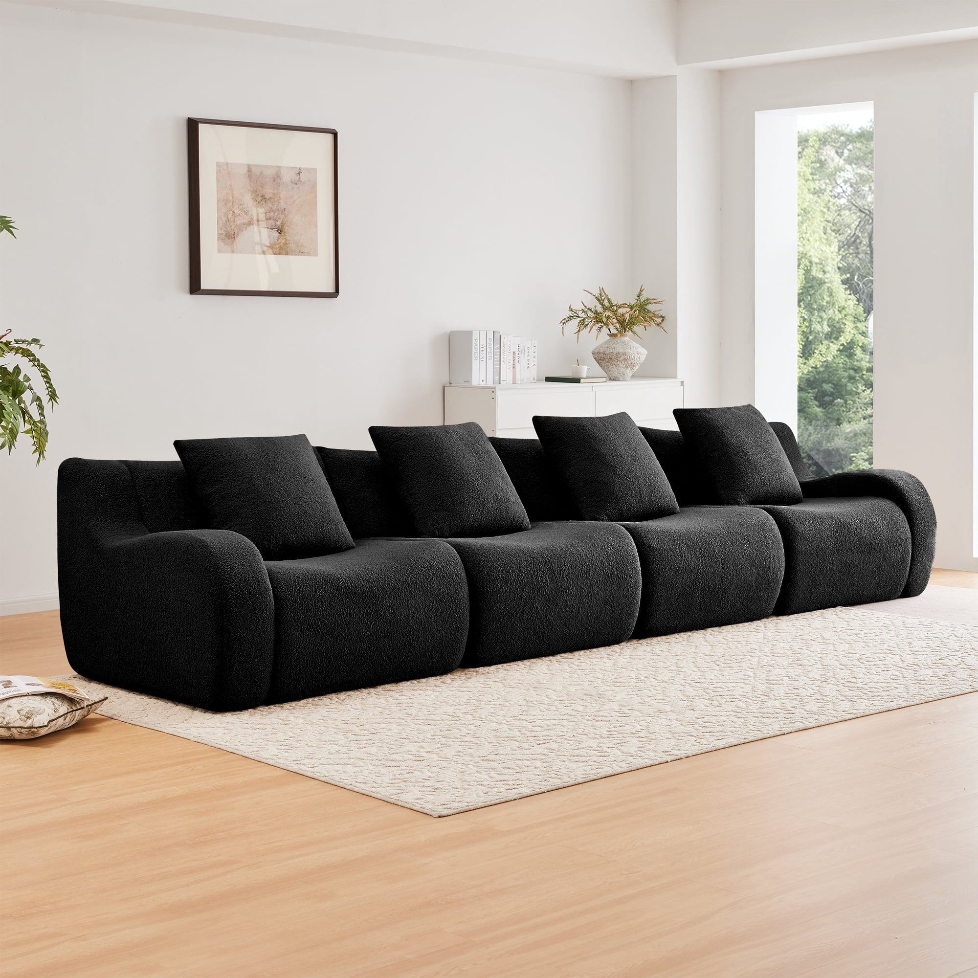 Alvantor Sectional Sofa 148" W 4-Seater Teddy Boneless Couch Modern Deep Seat Cloud Sofa for Living Room Black