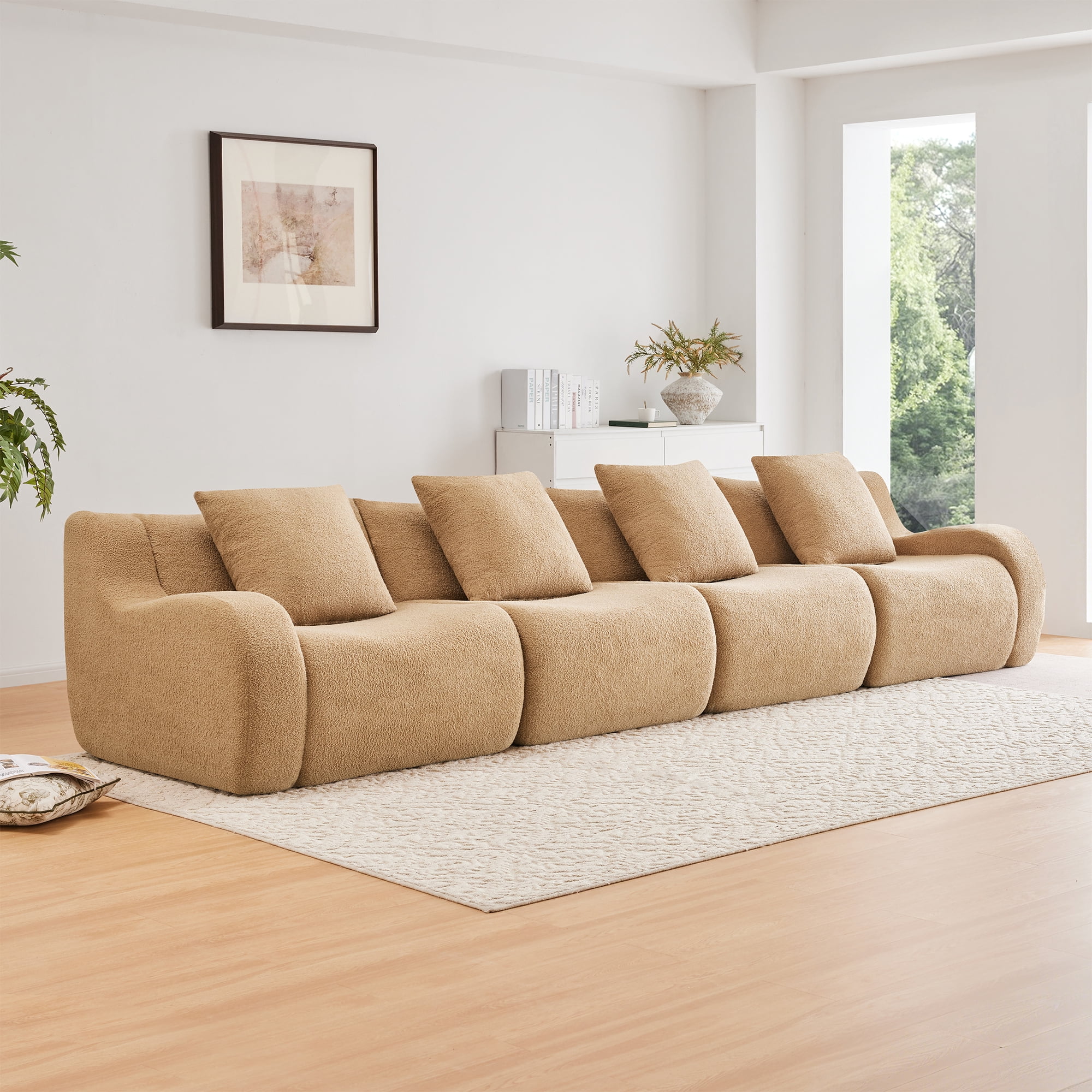Alvantor Sectional Sofa 148" W 4-Seater Teddy Boneless Couch Modern Deep Seat Cloud Sofa for Living Room Camel