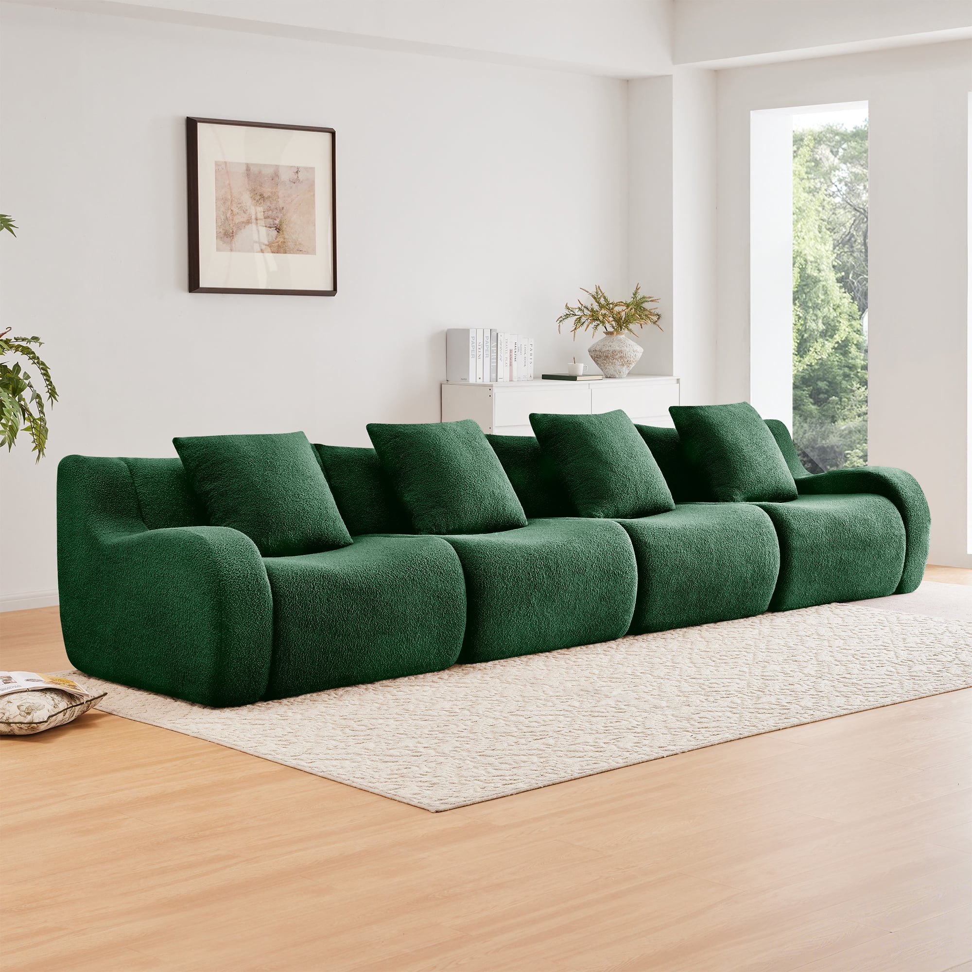 Alvantor Sectional Sofa 148" W 4-Seater Teddy Boneless Couch Modern Deep Seat Cloud Sofa for Living Room Green
