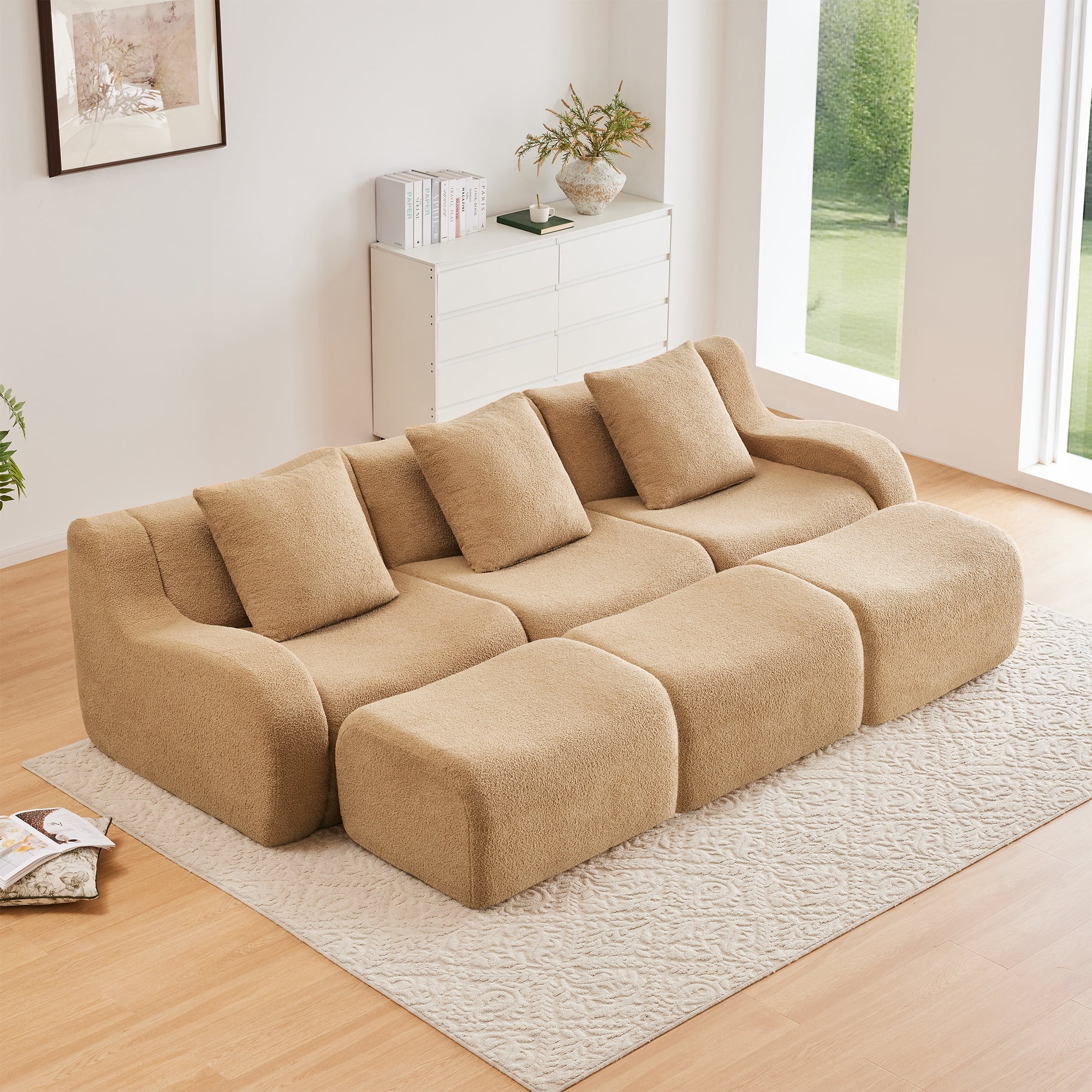 Alvantor Sectional Sofa with Reversible Ottoman 115" W 3-Seater Teddy Boneless Couch Chaise Modern Deep Seat Cloud Sofa for Living Room Camel