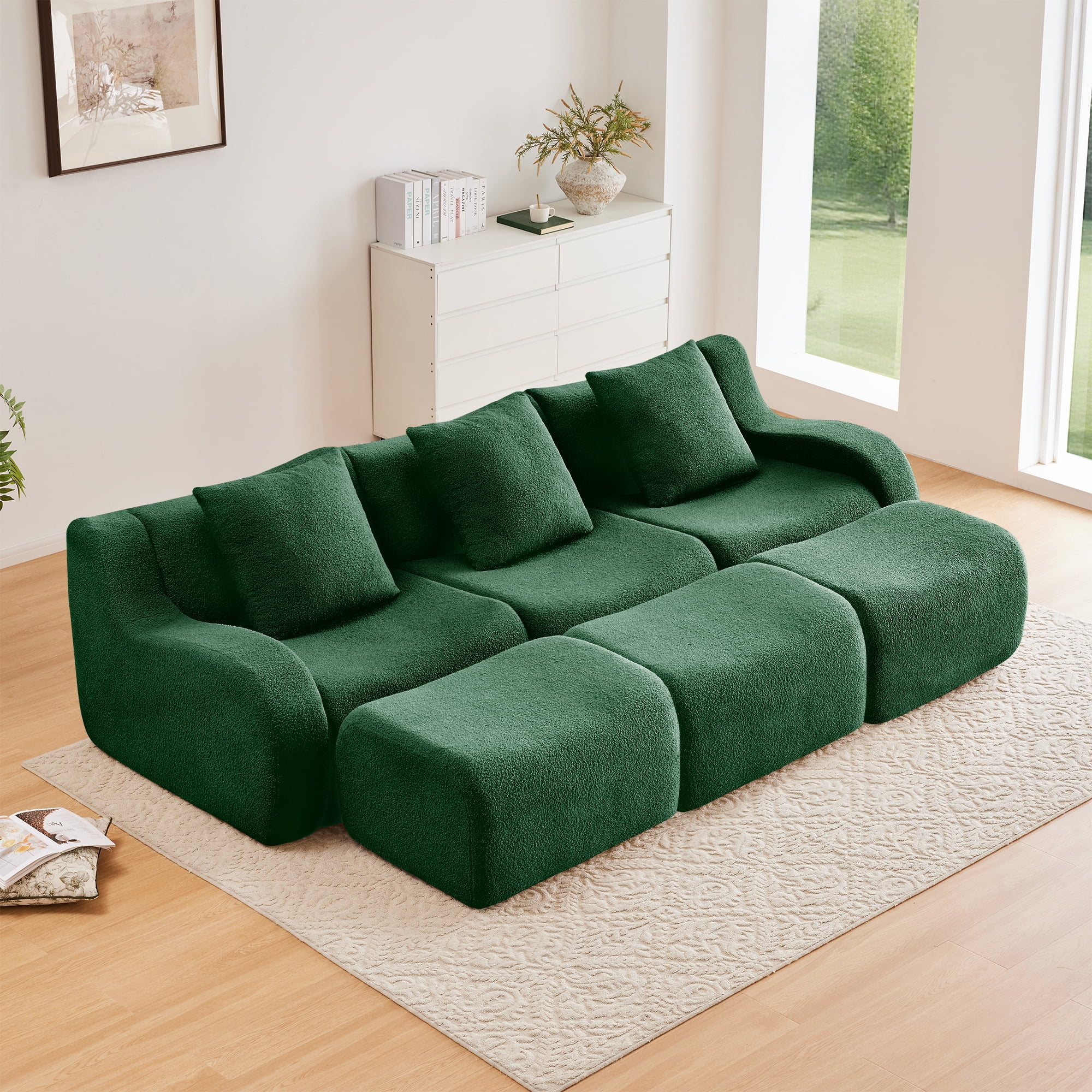 Alvantor Sectional Sofa with Reversible Ottoman 115" W 3-Seater Teddy Boneless Couch Chaise Modern Deep Seat Cloud Sofa for Living Room Green