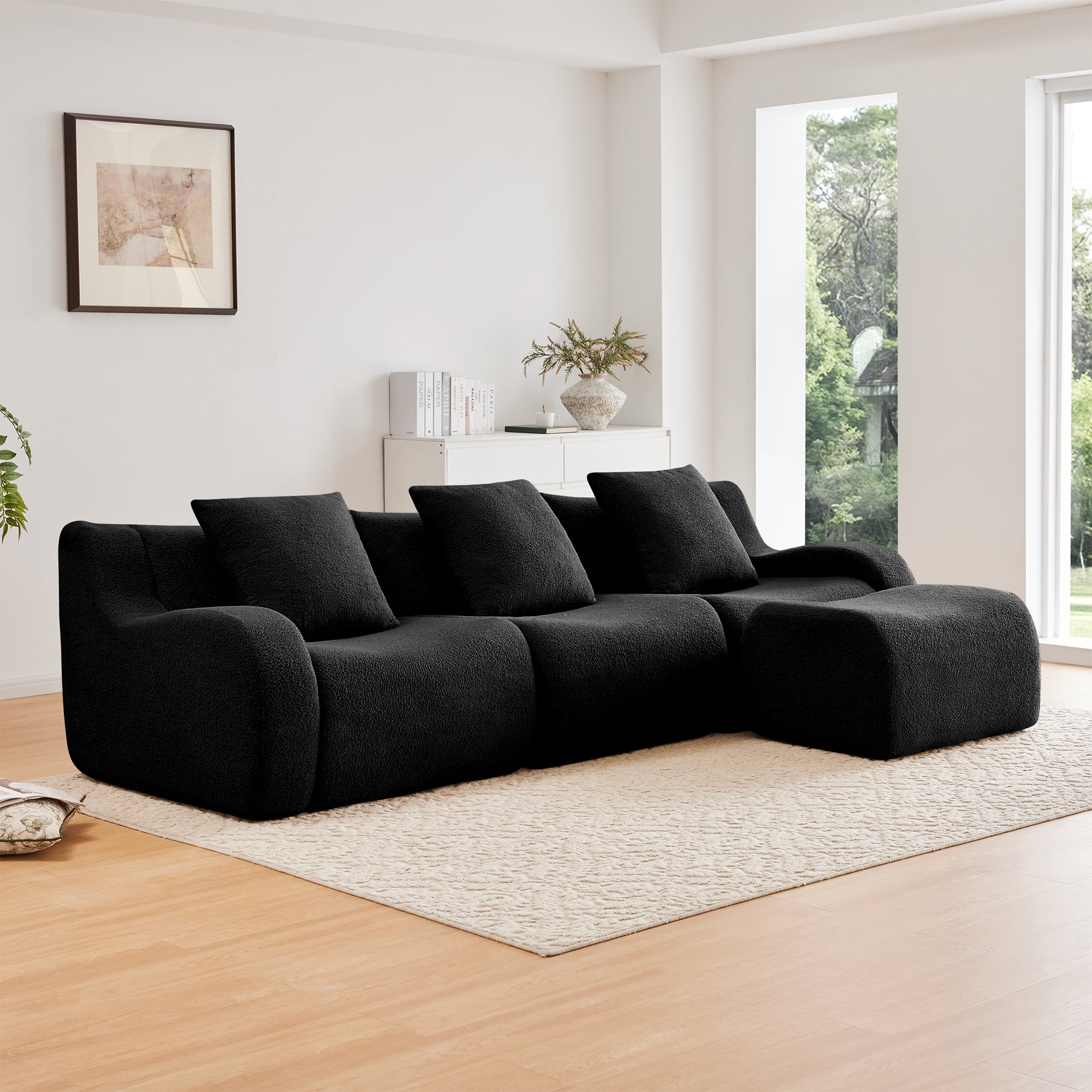 Alvantor Sectional Sofa with Reversible Ottoman L-Shaped 115" W 3-Seater Teddy Boneless Couch Modern Deep Seat Cloud Sofa for Living Room Black