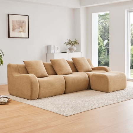 Alvantor Sectional Sofa with Reversible Ottoman L-Shaped 115" W 3-Seater Teddy Boneless Couch Modern Deep Seat Cloud Sofa for Living Room Camel