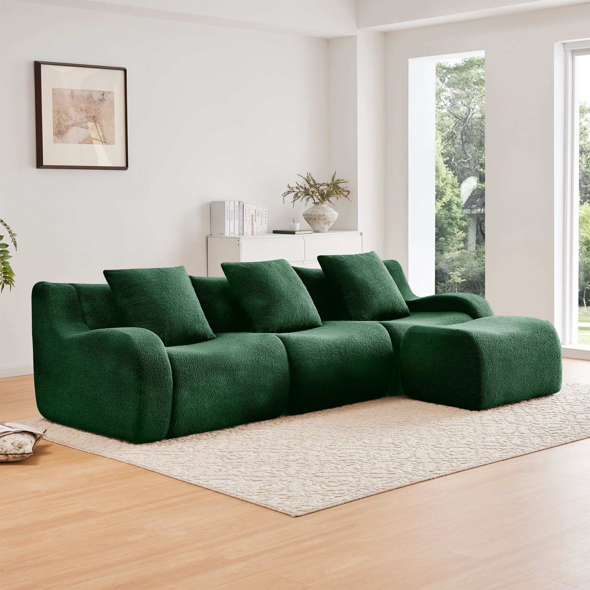 Alvantor Sectional Sofa with Reversible Ottoman L-Shaped 115" W 3-Seater Teddy Boneless Couch Modern Deep Seat Cloud Sofa for Living Room Green