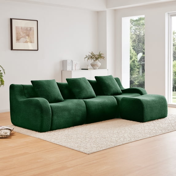 Alvantor Sectional Sofa with Reversible Ottoman L-Shaped 115" W 3-Seater Teddy Boneless Couch Modern Deep Seat Cloud Sofa for Living Room Green