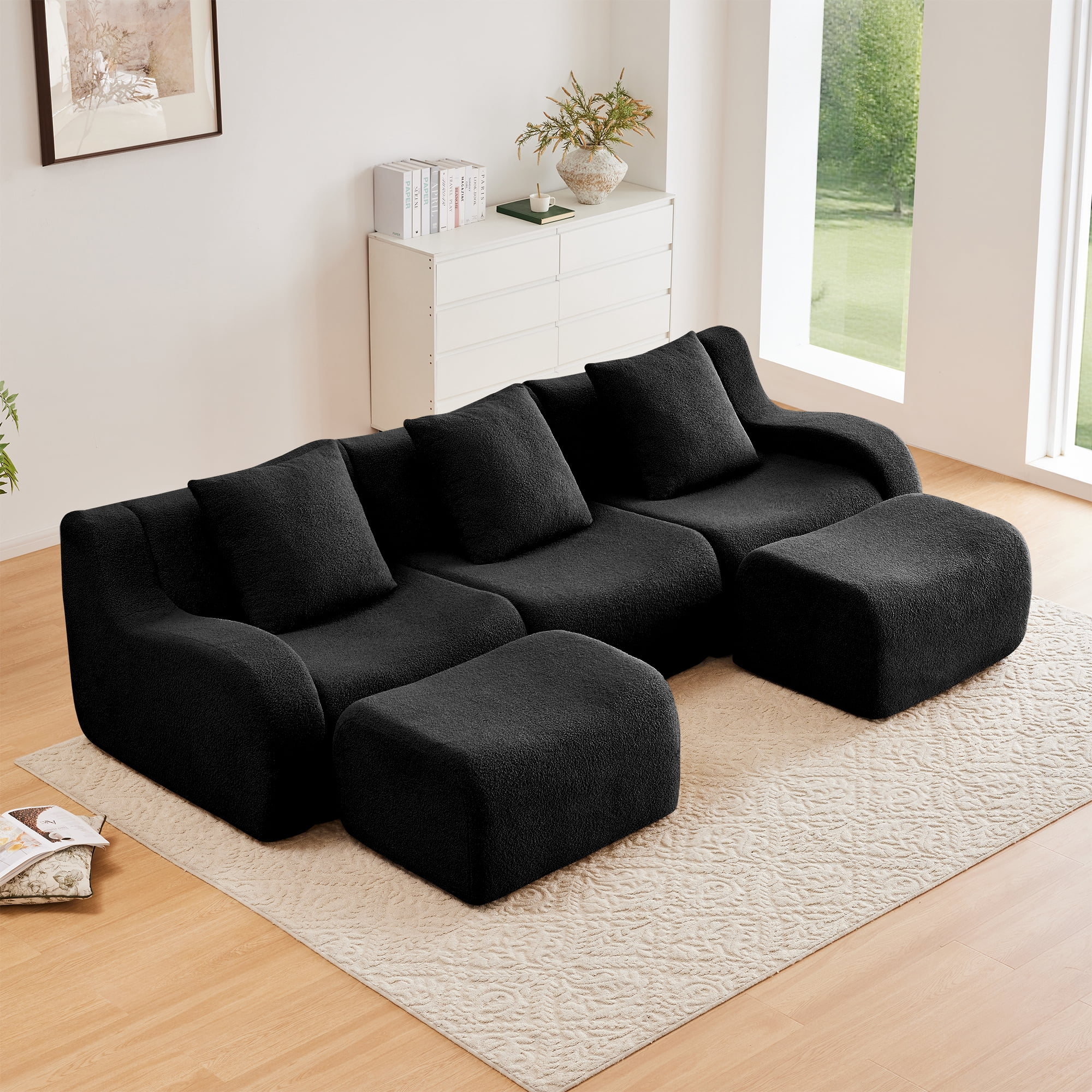 Alvantor Sectional Sofa with Reversible Ottoman U-Shaped 115" W 3-Seater Teddy Boneless Couch Modern Deep Seat Cloud Sofa for Living Room Black
