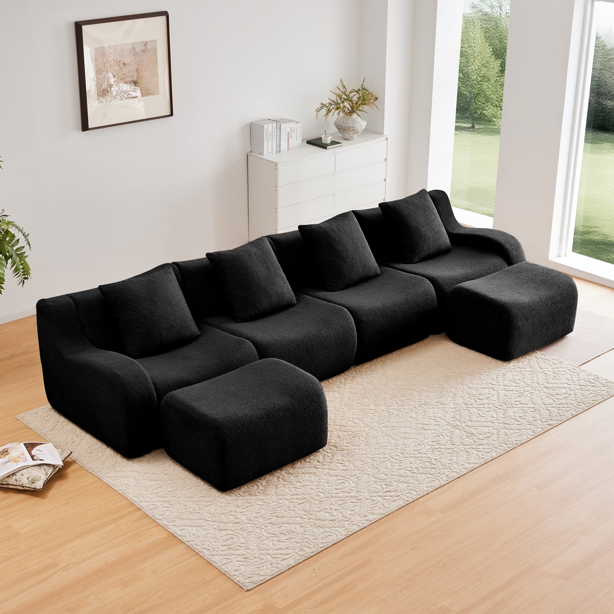 Alvantor Sectional Sofa with Reversible Ottoman U-Shaped 148" W 4-Seater Teddy Boneless Couch Modern Deep Seat Cloud Sofa for Living Room Black